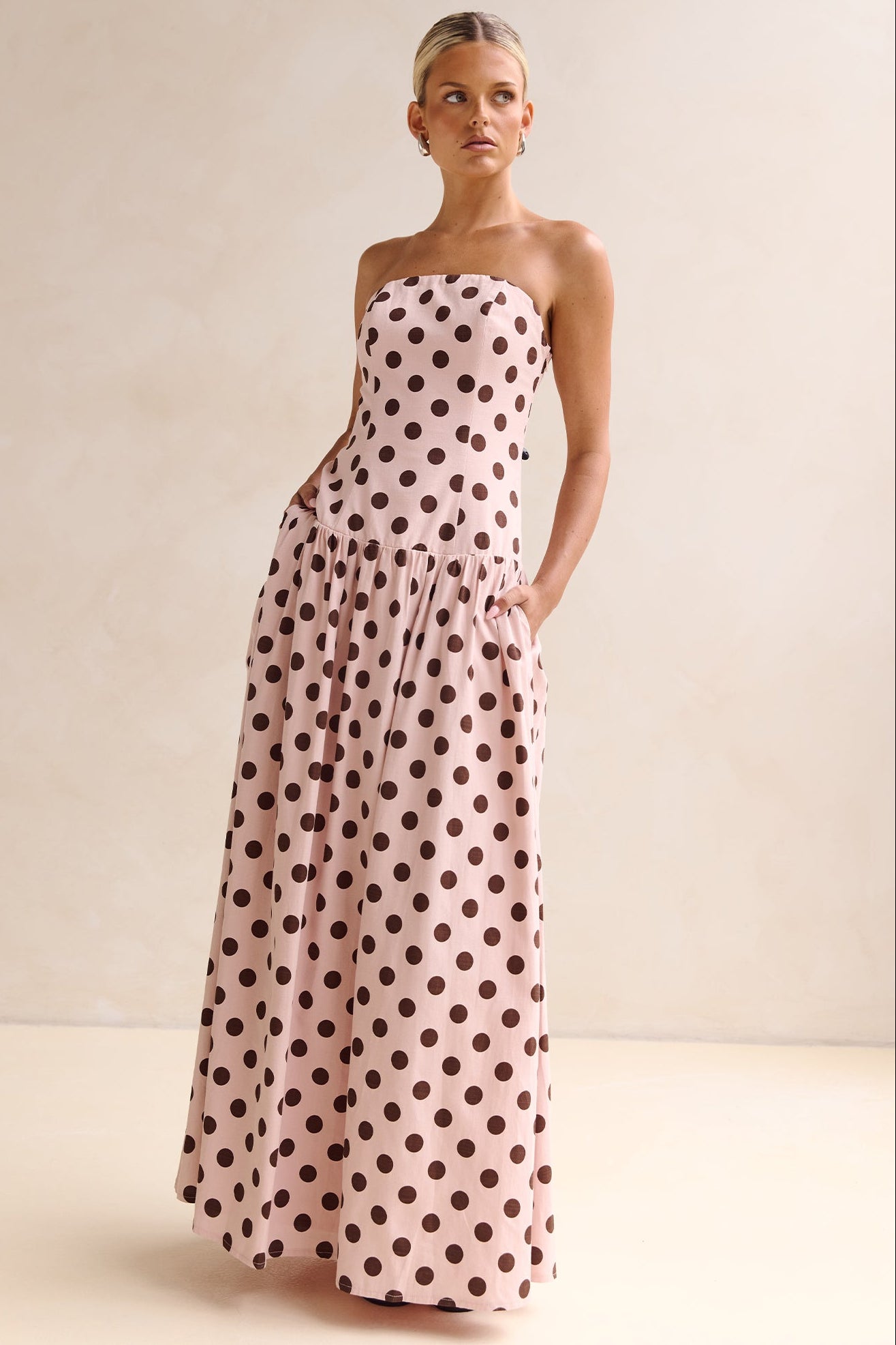 strapless open back dress Davina Maxi Dress (Pink/Choc Polka) – Runway Scout