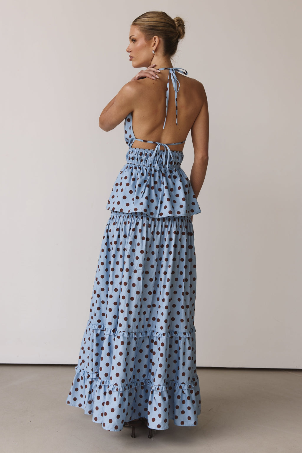 Stella Halter Top (Light Blue/Chocolate Polka)