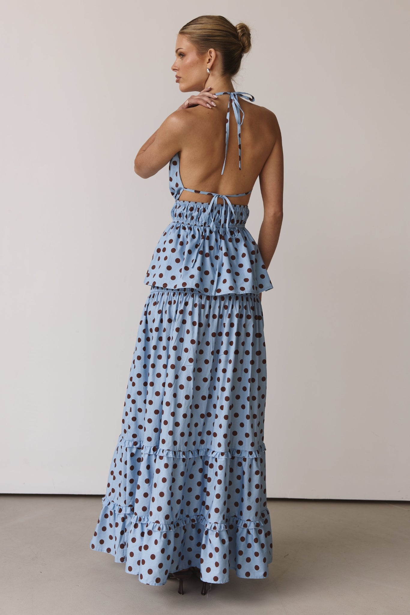 Stella Halter Top (Light Blue/Chocolate Polka)