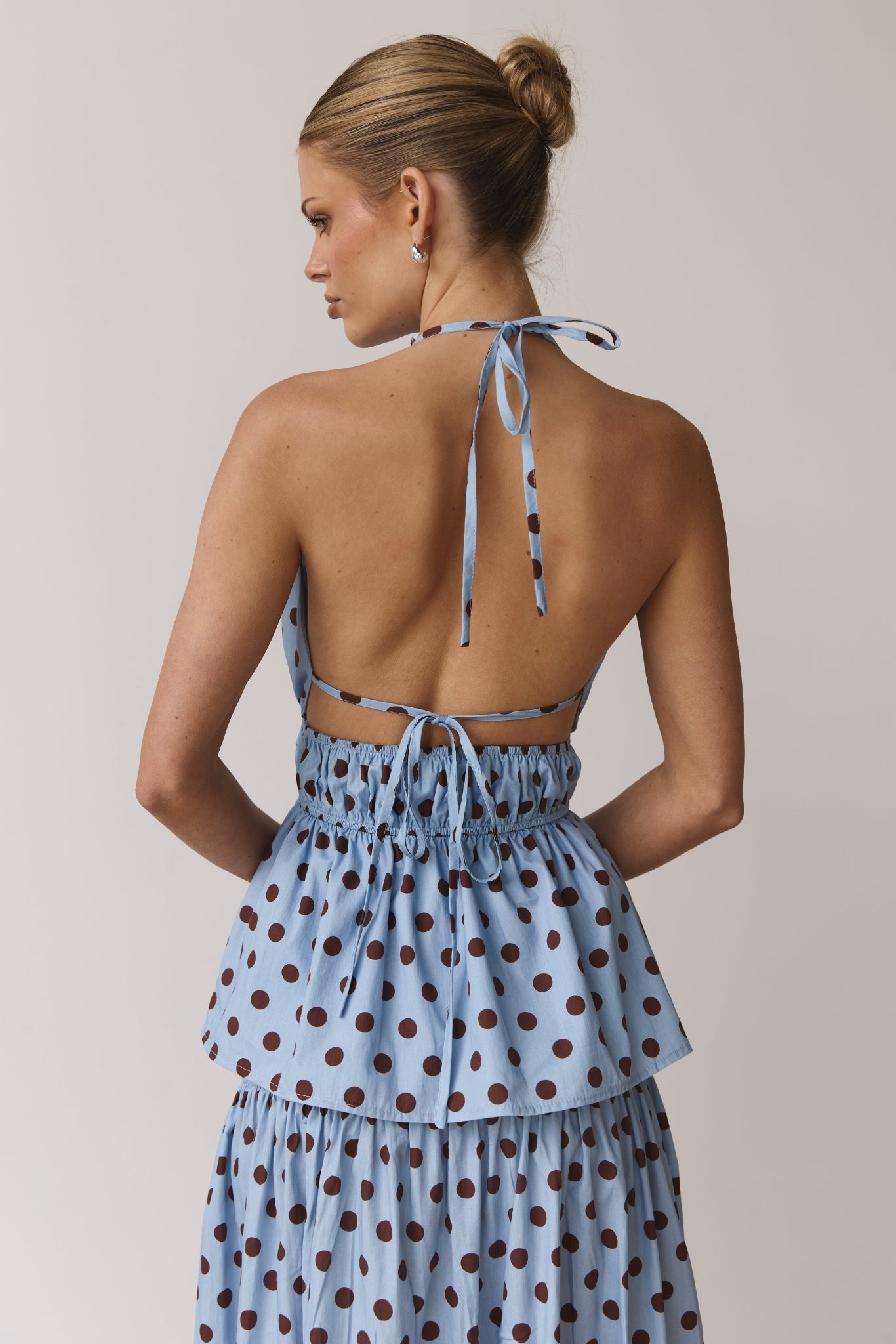 Stella Halter Top (Light Blue/Chocolate Polka)