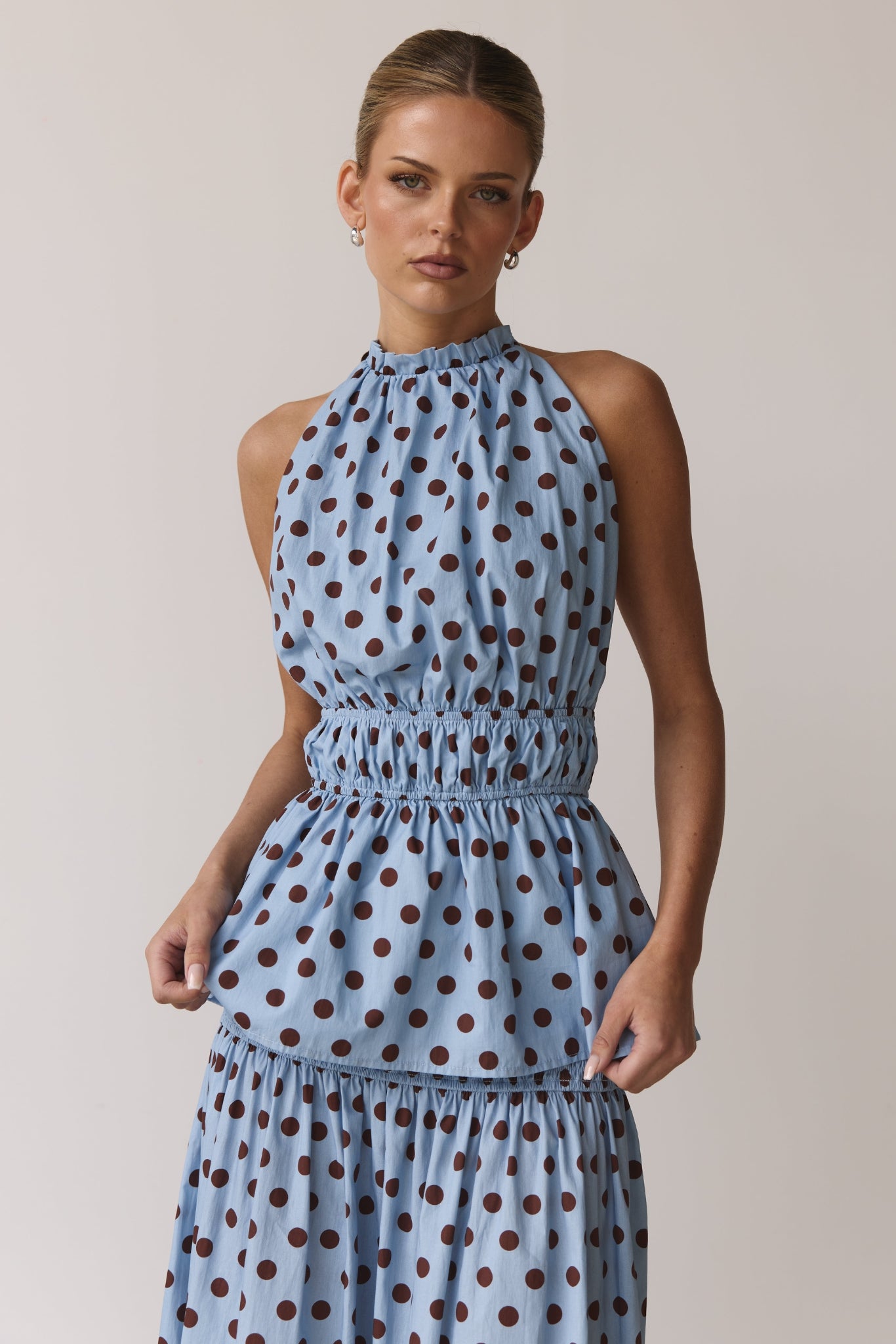 Stella Halter Top (Light Blue/Chocolate Polka)