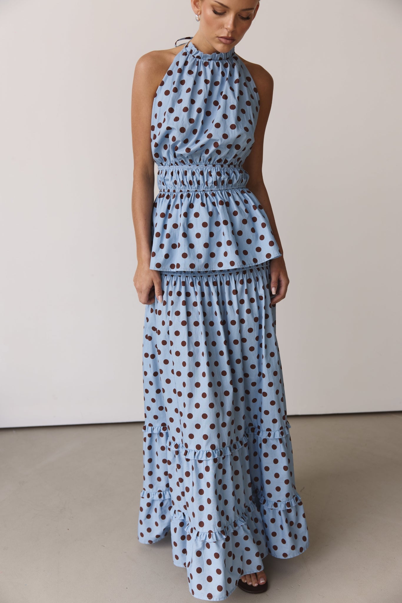 Stella Halter Top (Light Blue/Chocolate Polka)