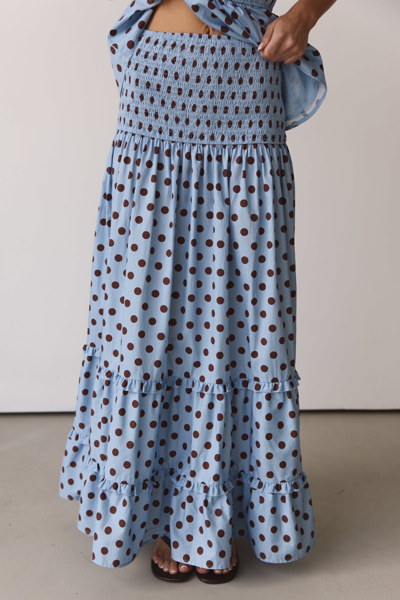 Stella Maxi Skirt (Light Blue/Chocolate Polka)