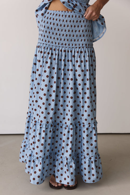 Stella Maxi Skirt (Light Blue/Chocolate Polka)