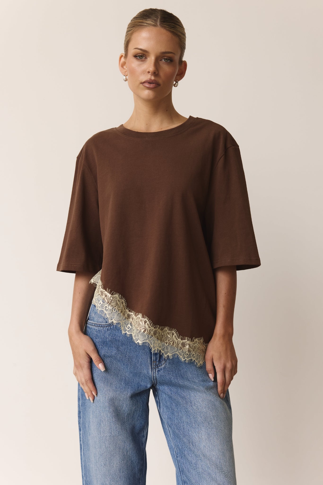 Aria Asym Lace Trim Tee (Chocolate/Butter)