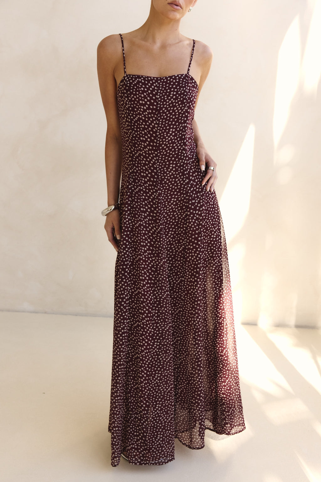 Valerie Maxi Dress (Wine/Cream Polka)