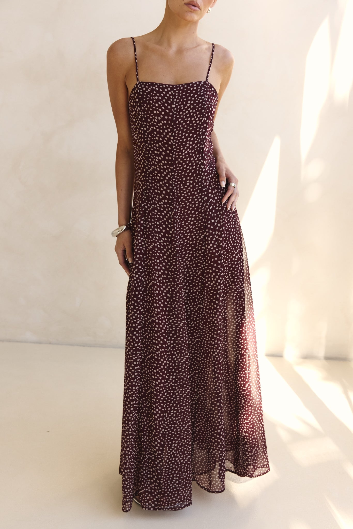 Valerie Maxi Dress (Wine/Cream Polka)