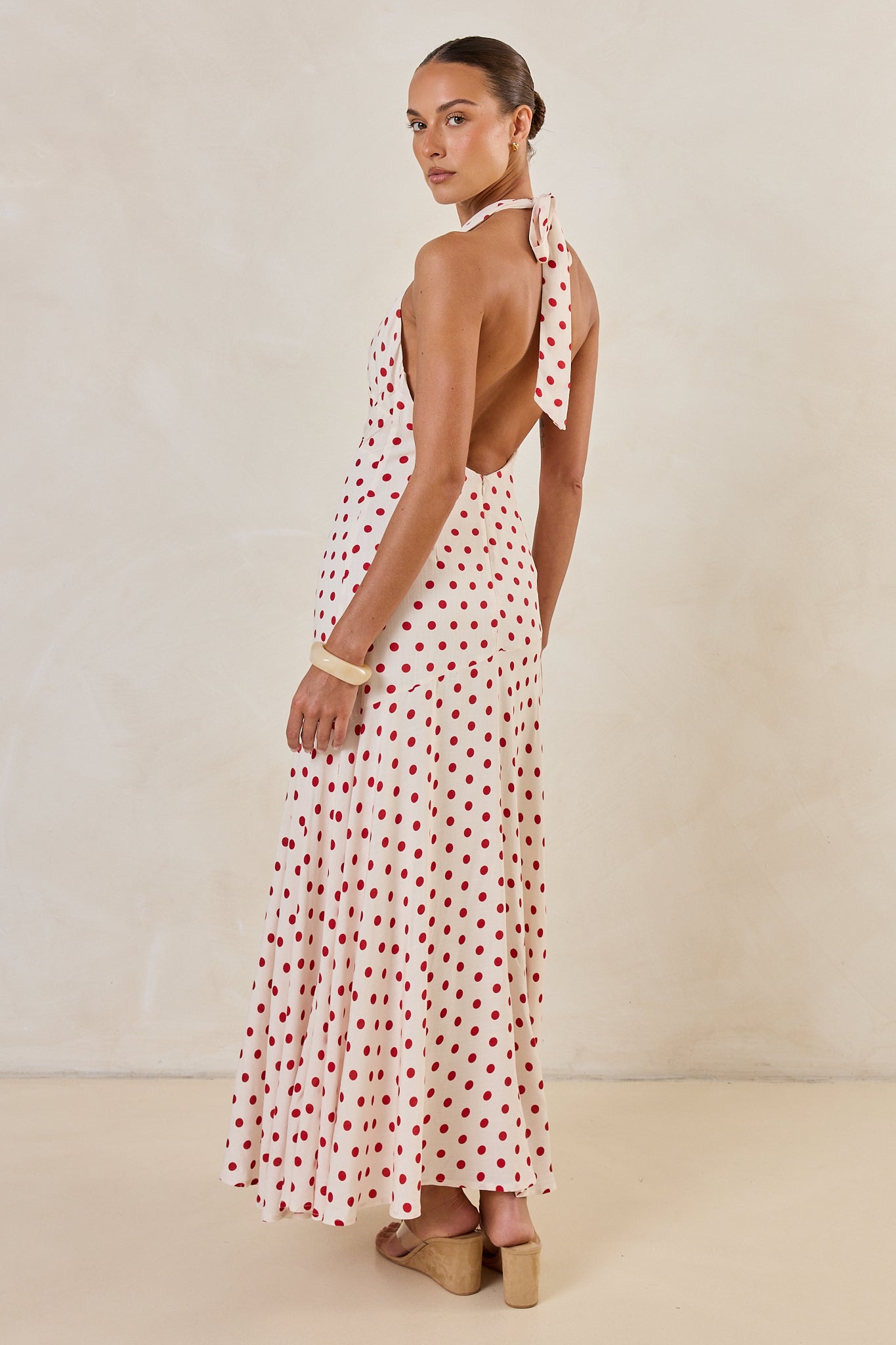 Amelie Halter Maxi Dress (Cream/Red Polka)