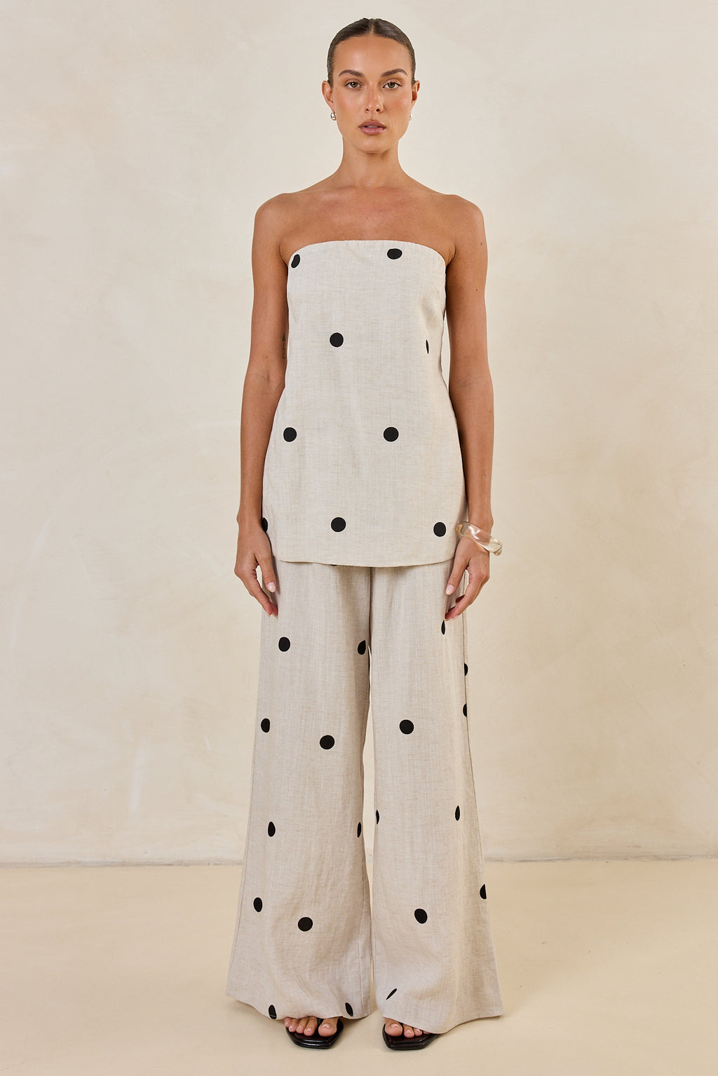 Maxine Strapless Top (Beige/Black Polka)