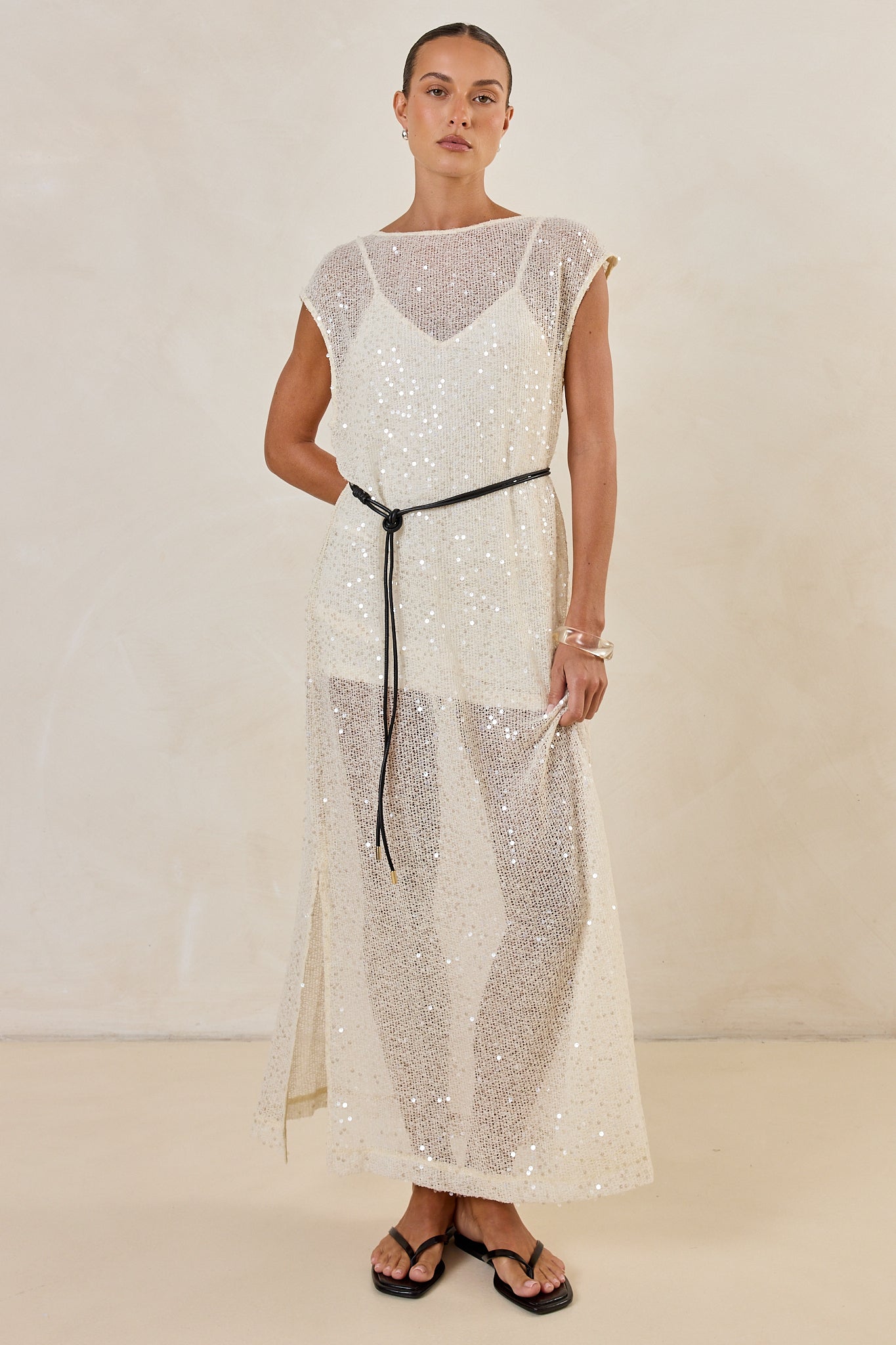 Alba Sequin Knit Midi Dress (Cream)