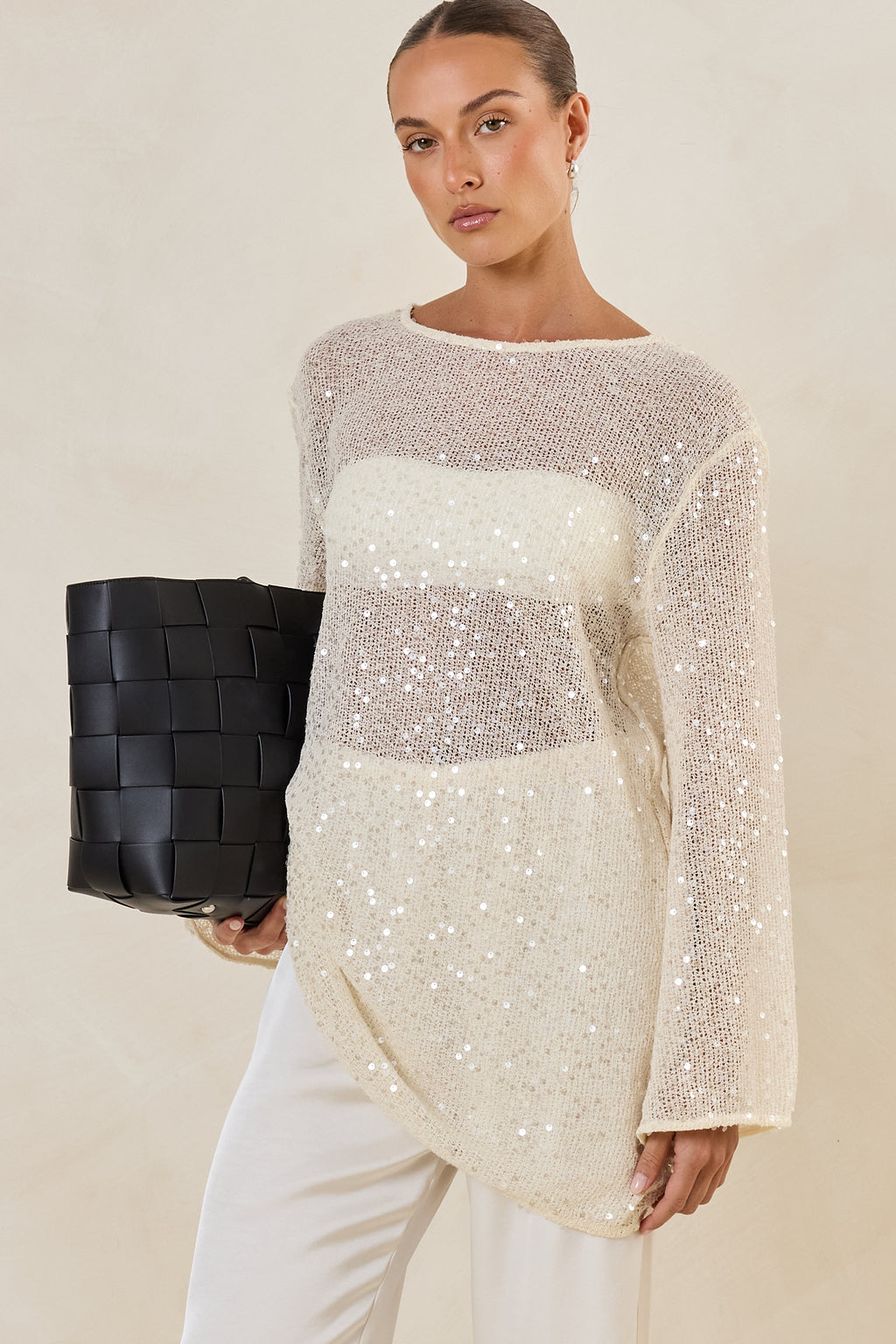 Romi Sequin Knit Mini Dress (Cream)