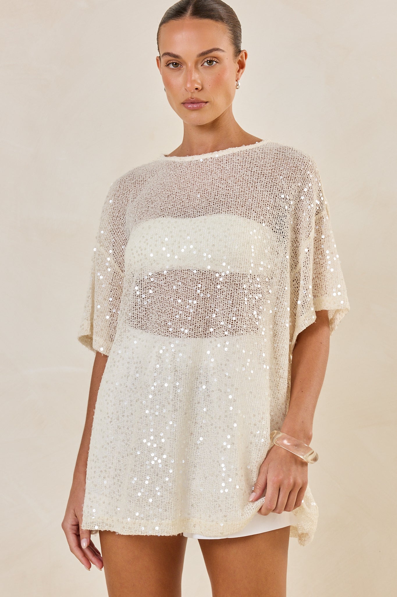 Micah Sequin Knit Tee (Cream)