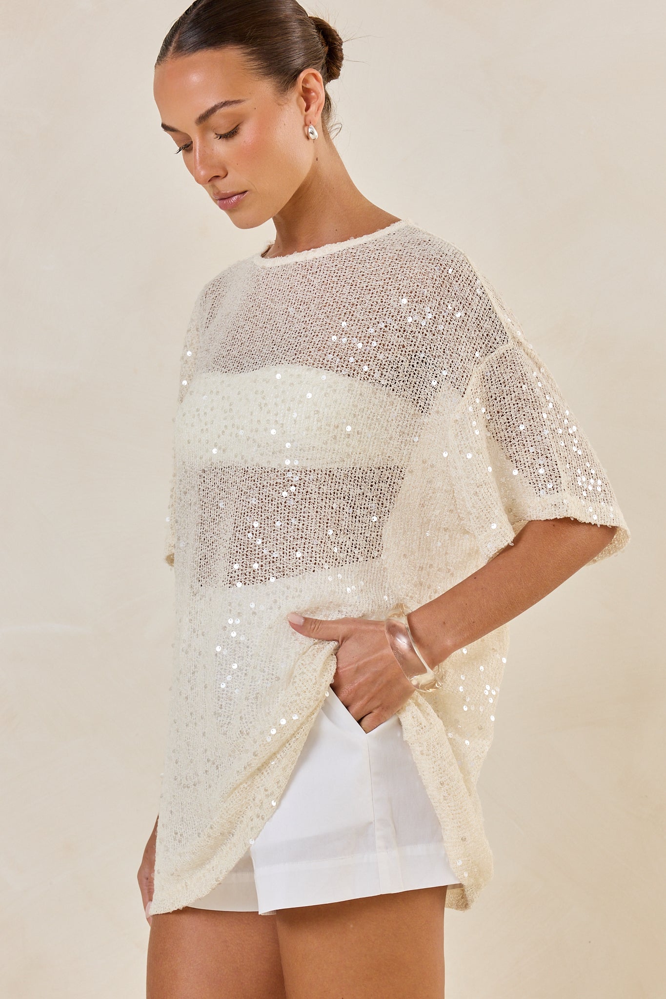 Micah Sequin Knit Tee (Cream)