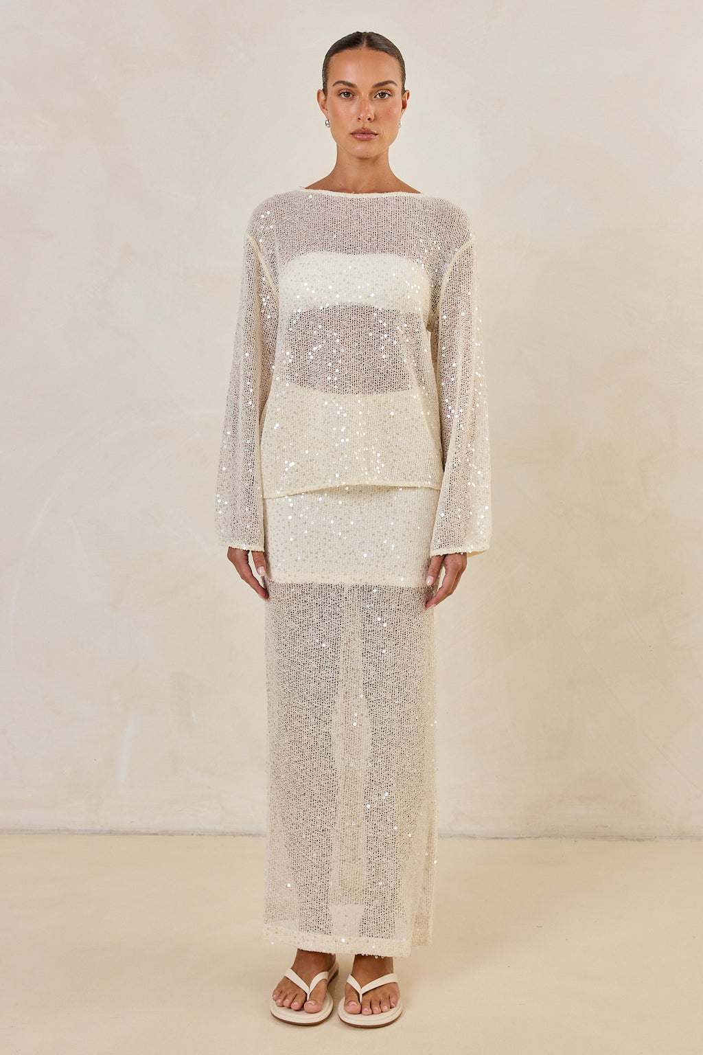 Liana Sequin Knit Long Sleeve Top (Cream)