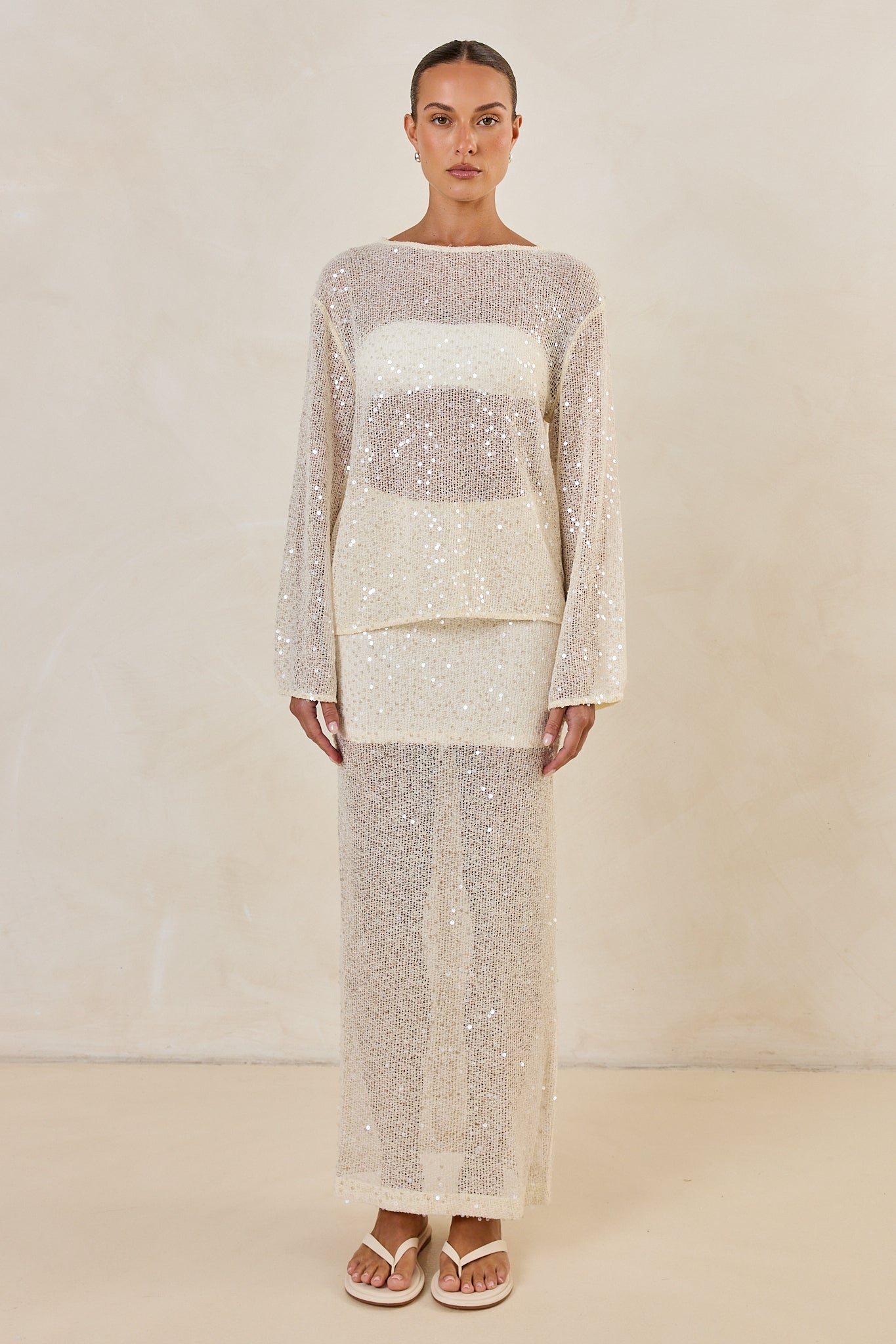 Nala Sequin Knit Midi Skirt (Cream)
