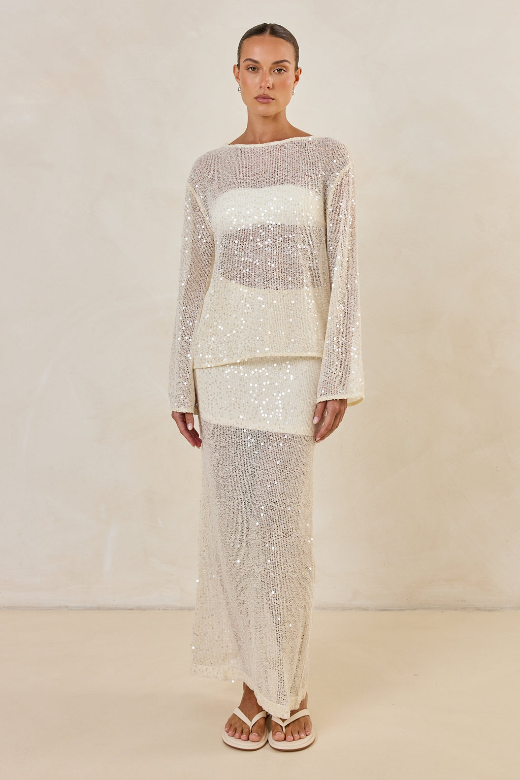 Liana Sequin Knit Long Sleeve Top (Cream)