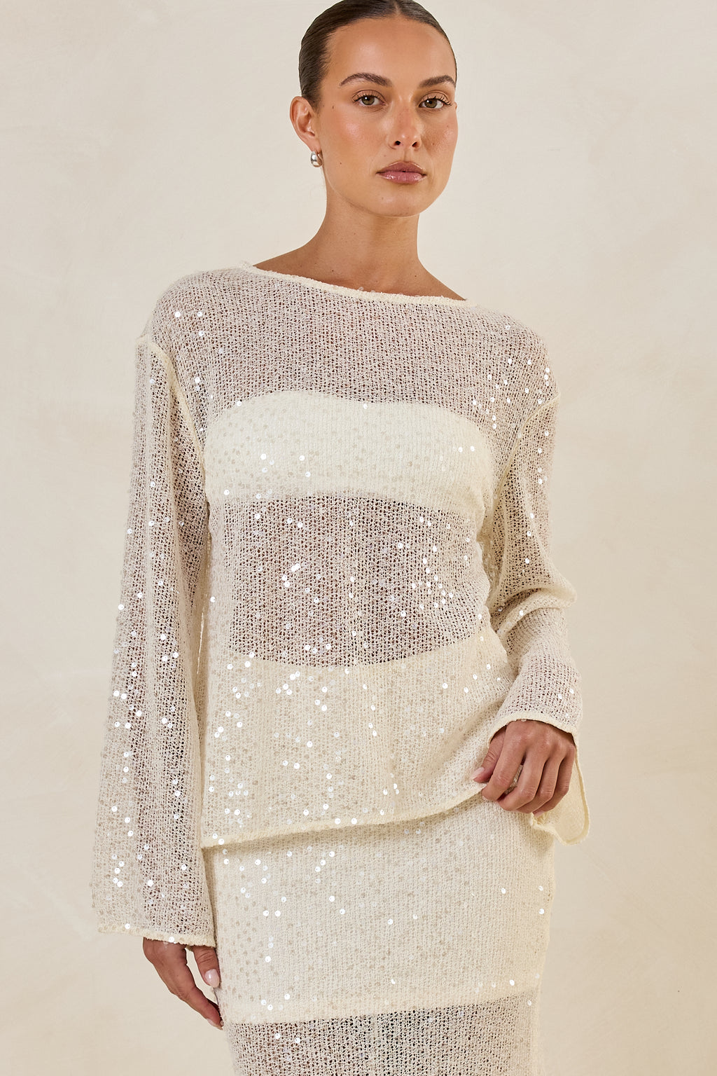 Liana Sequin Knit Long Sleeve Top (Cream)