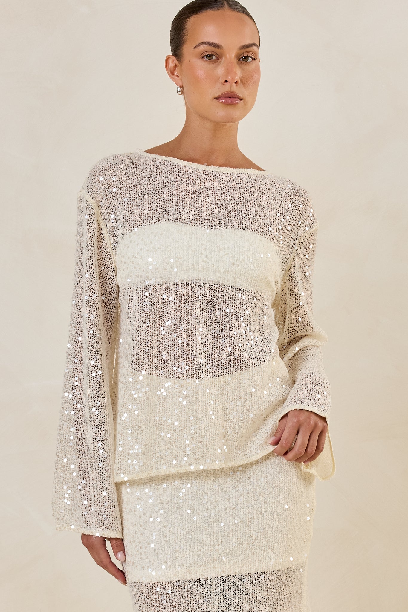 Liana Sequin Knit Long Sleeve Top (Cream)