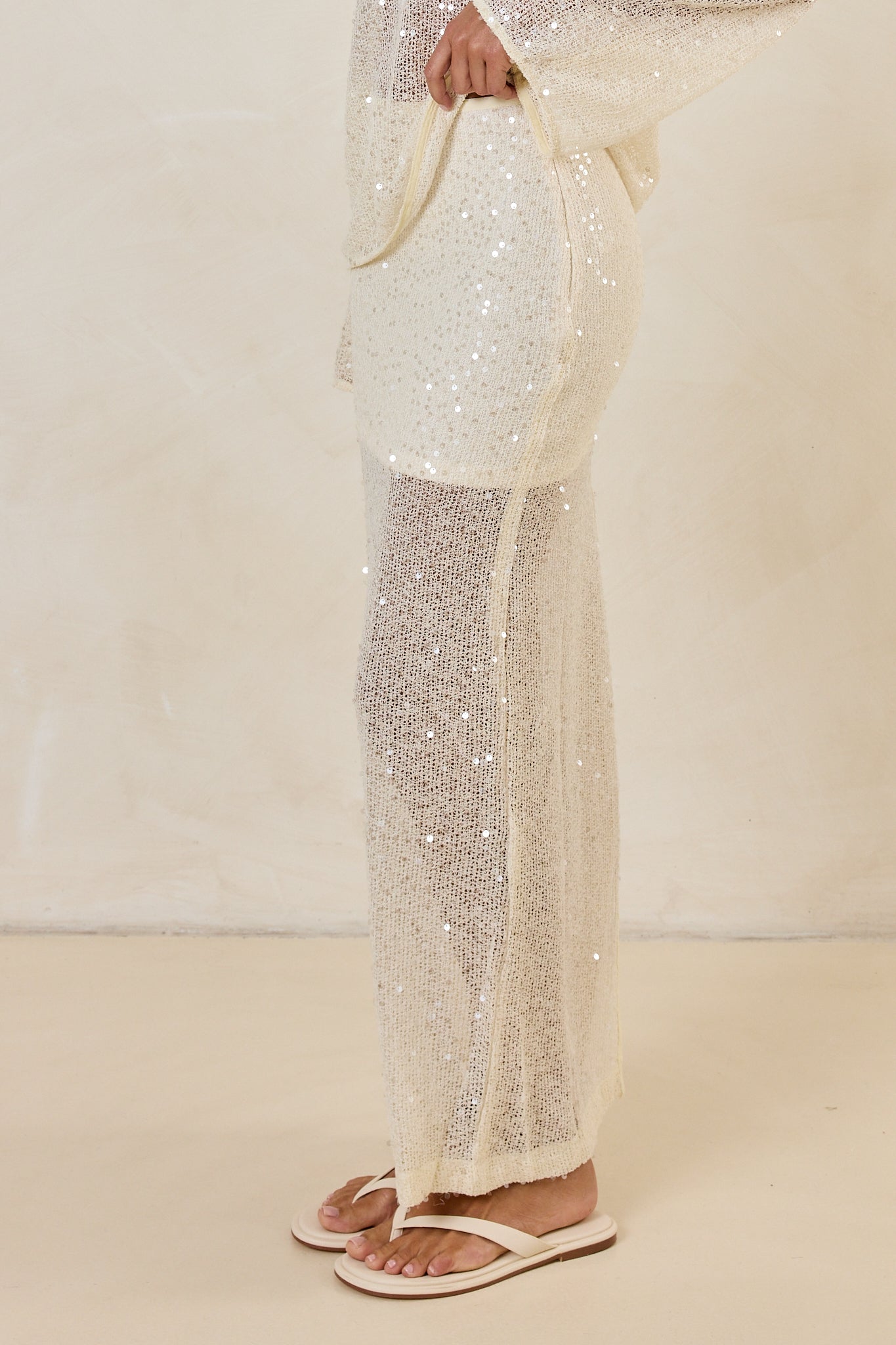 Nala Sequin Knit Midi Skirt (Cream)