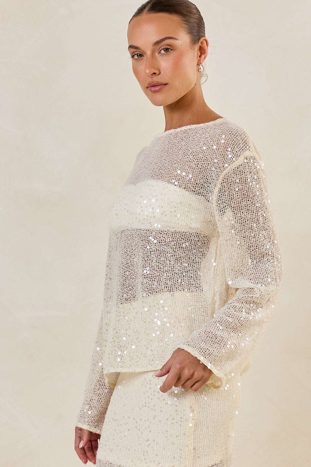 Liana Sequin Knit Long Sleeve Top (Cream)