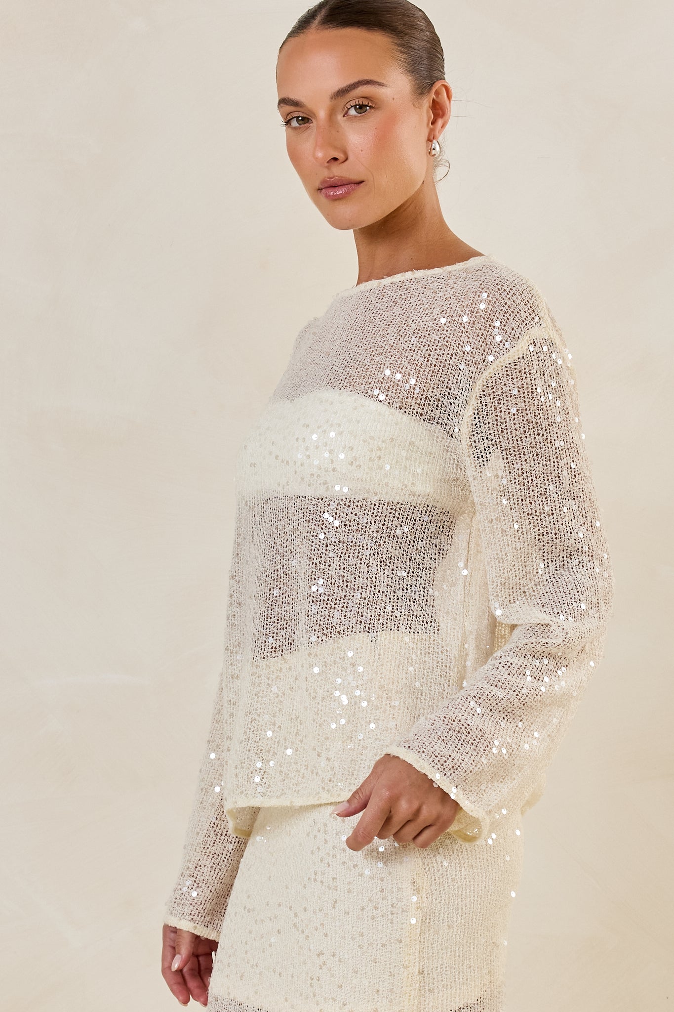 Liana Sequin Knit Long Sleeve Top (Cream)