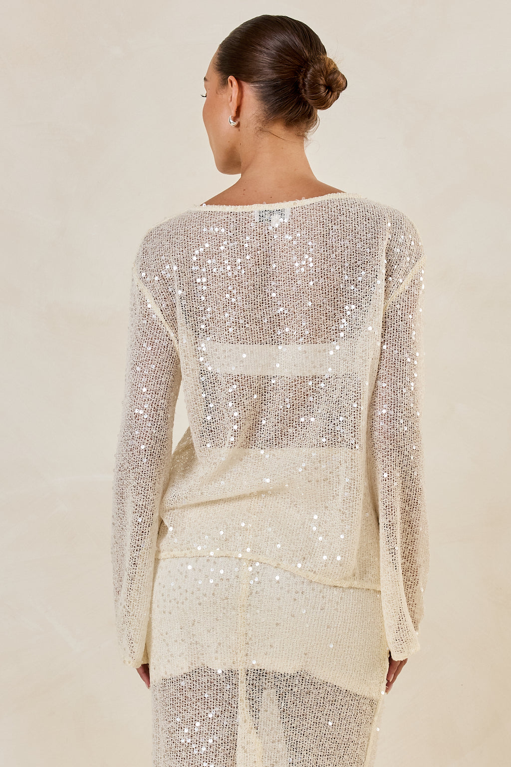 Liana Sequin Knit Long Sleeve Top (Cream)