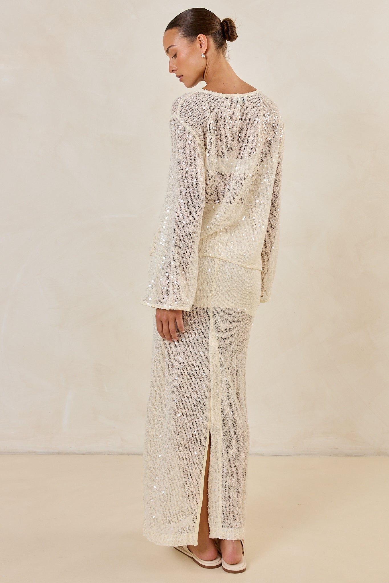 Liana Sequin Knit Long Sleeve Top (Cream)