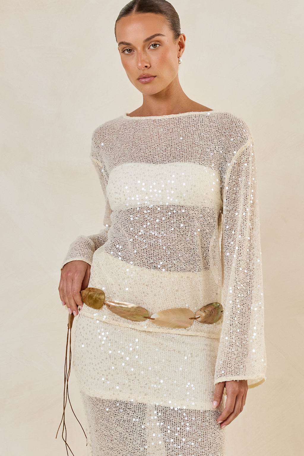 Liana Sequin Knit Long Sleeve Top (Cream)