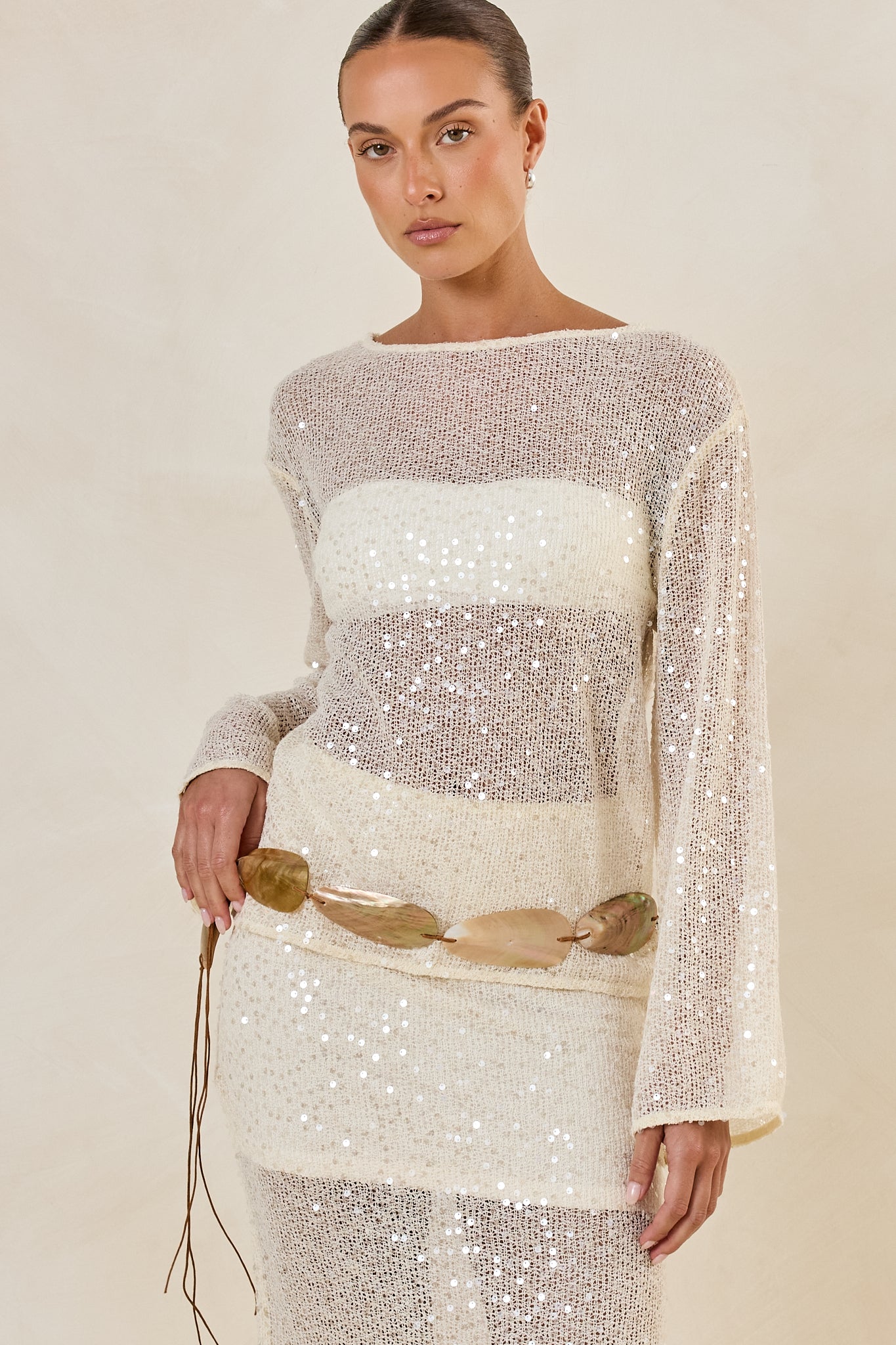 Liana Sequin Knit Long Sleeve Top (Cream)
