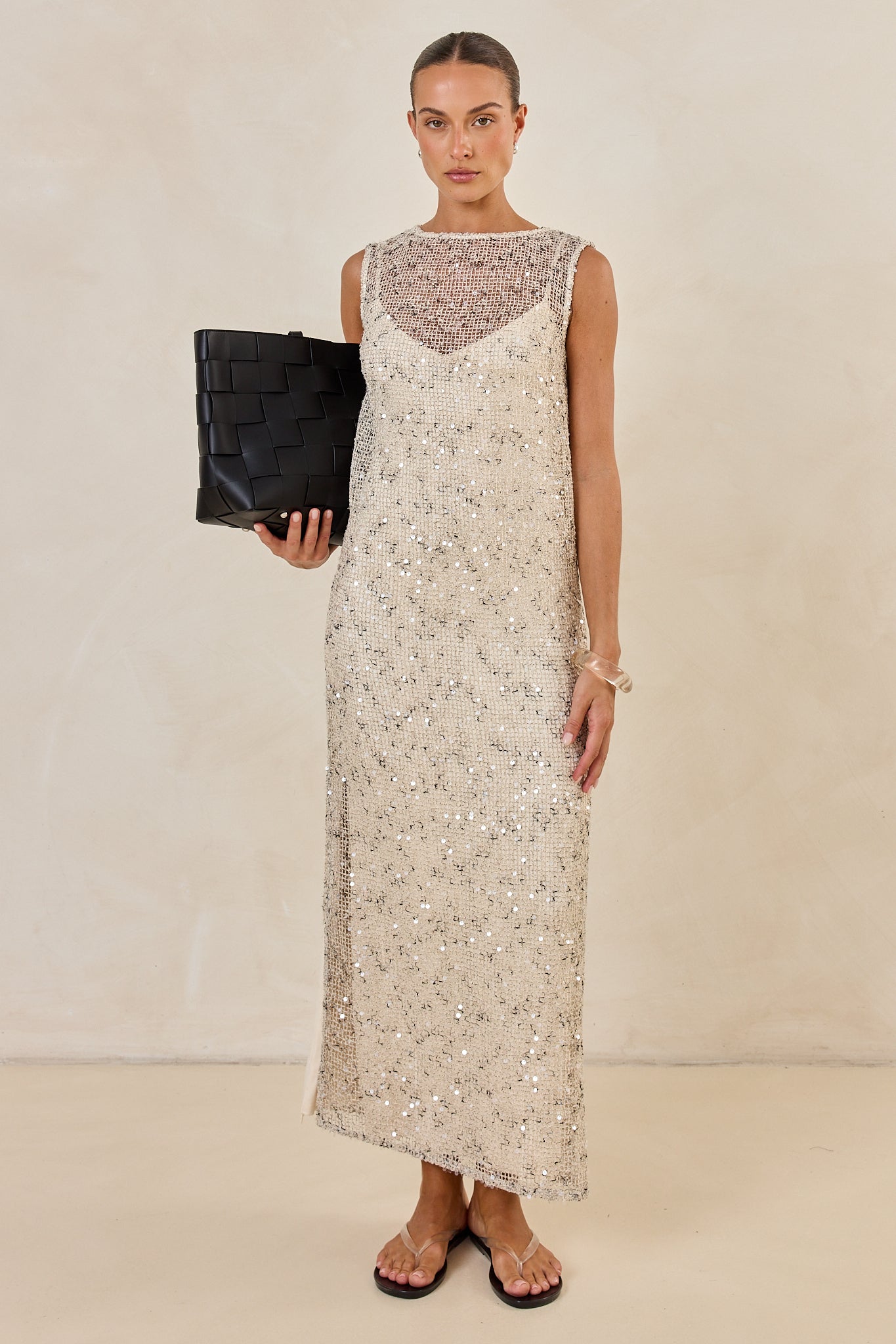 Edela Sequin Maxi Dress (Beige)