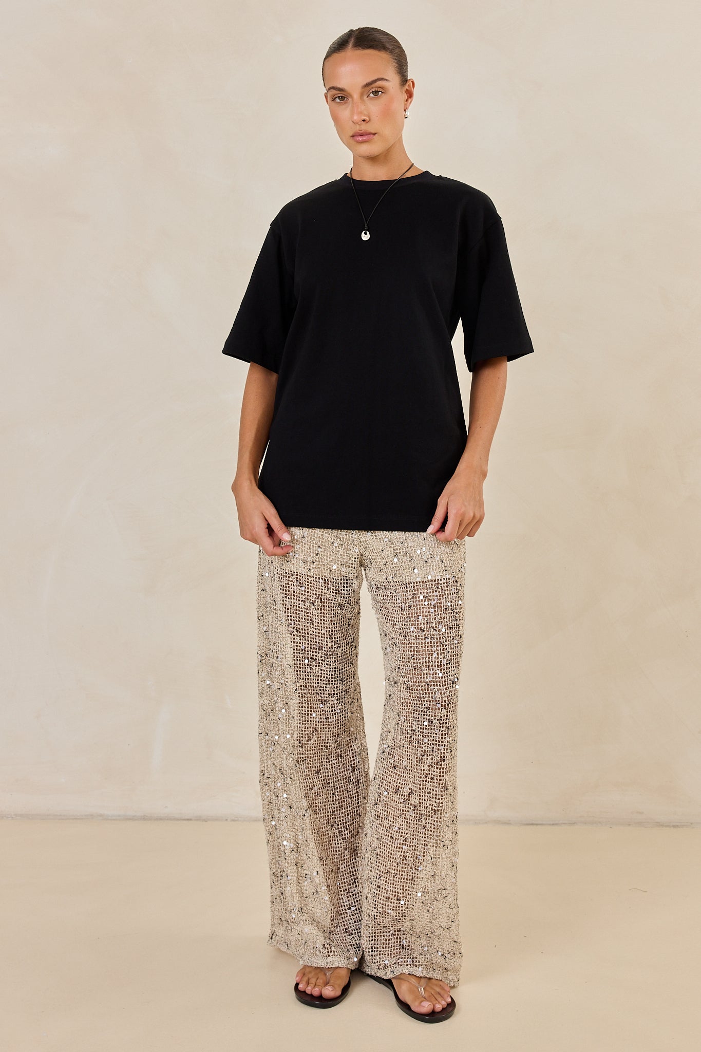 Edela Wide Leg Sequin Pant (Beige)