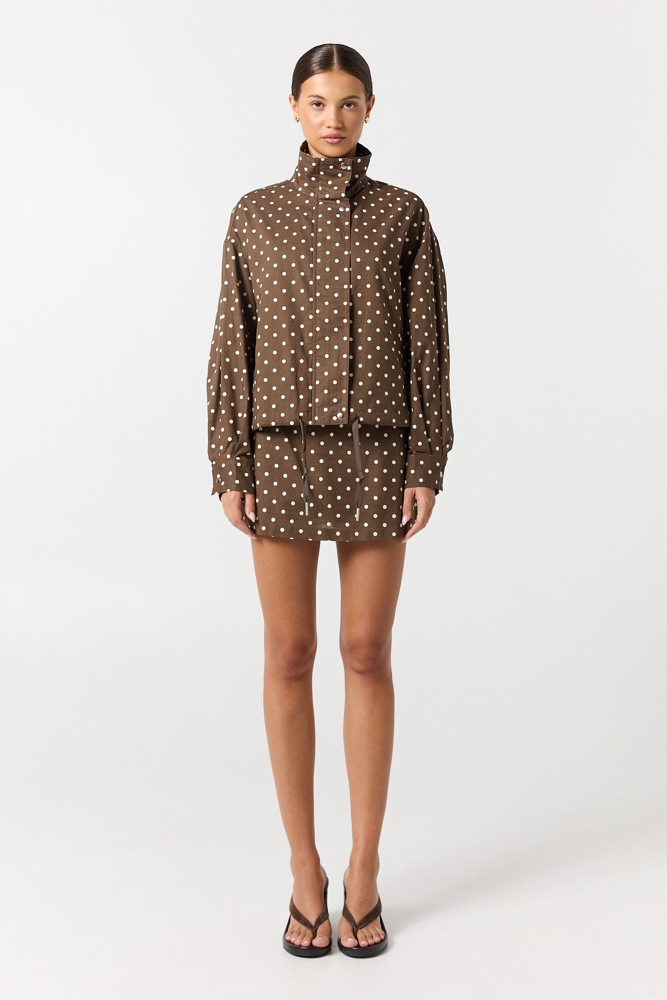 Lennox Funnel Bomber Jacket (Chocolate Polka)