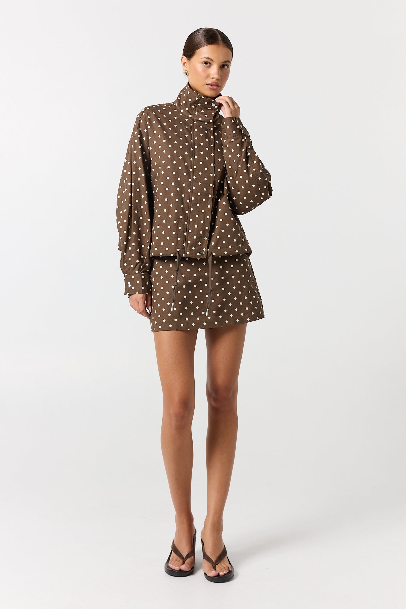 Lennox Funnel Bomber Jacket (Chocolate Polka)
