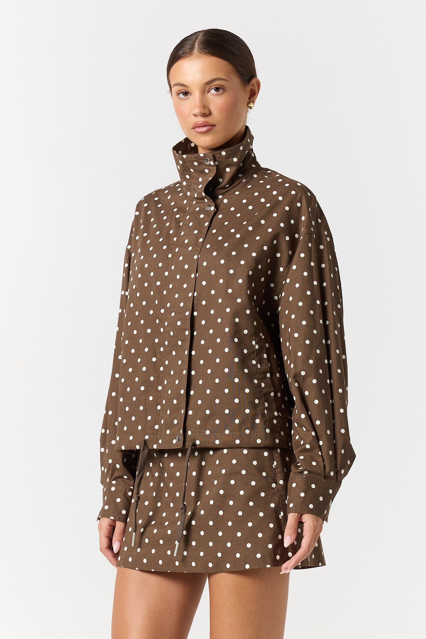 Lennox Funnel Bomber Jacket (Chocolate Polka)