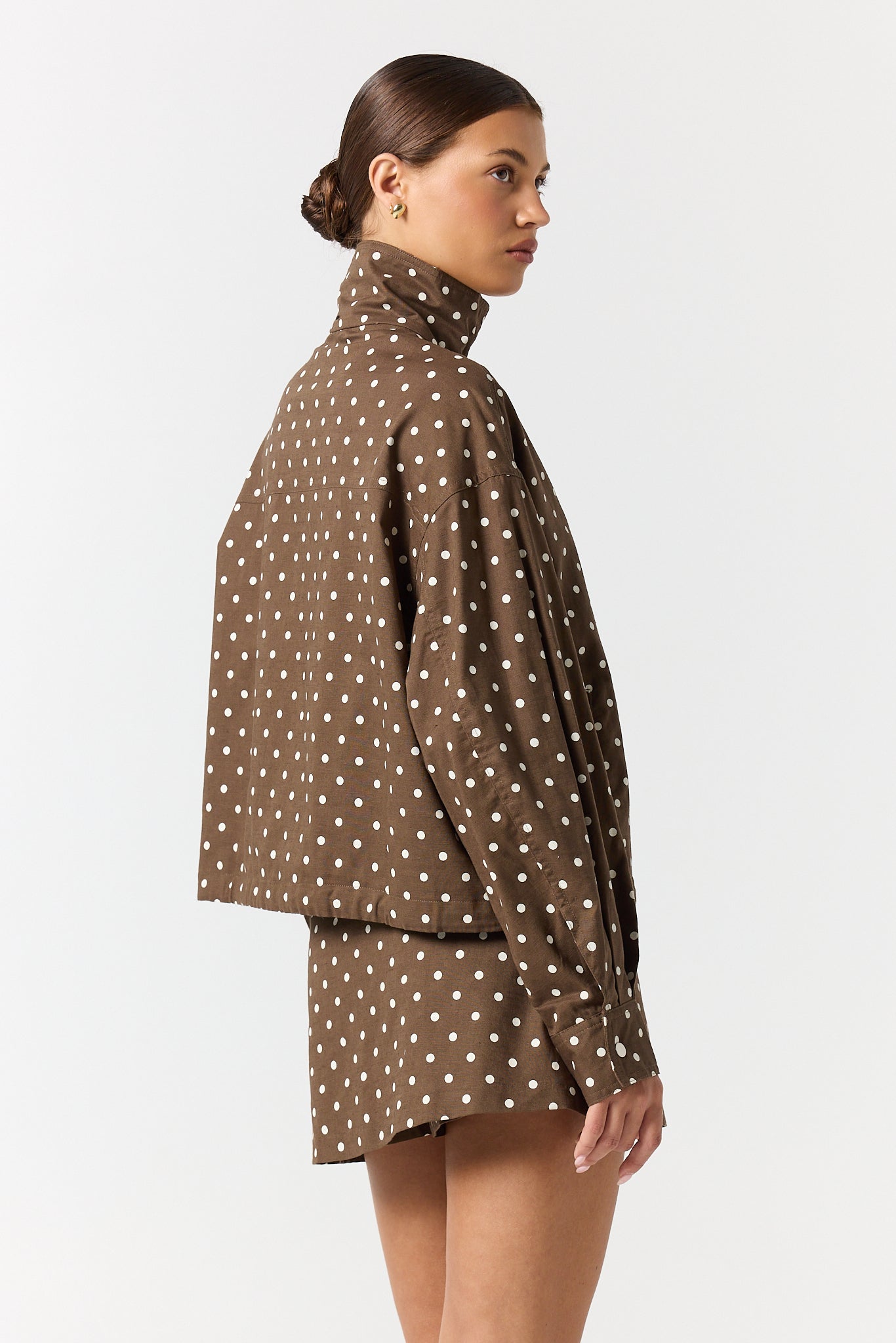 Lennox Funnel Bomber Jacket (Chocolate Polka)