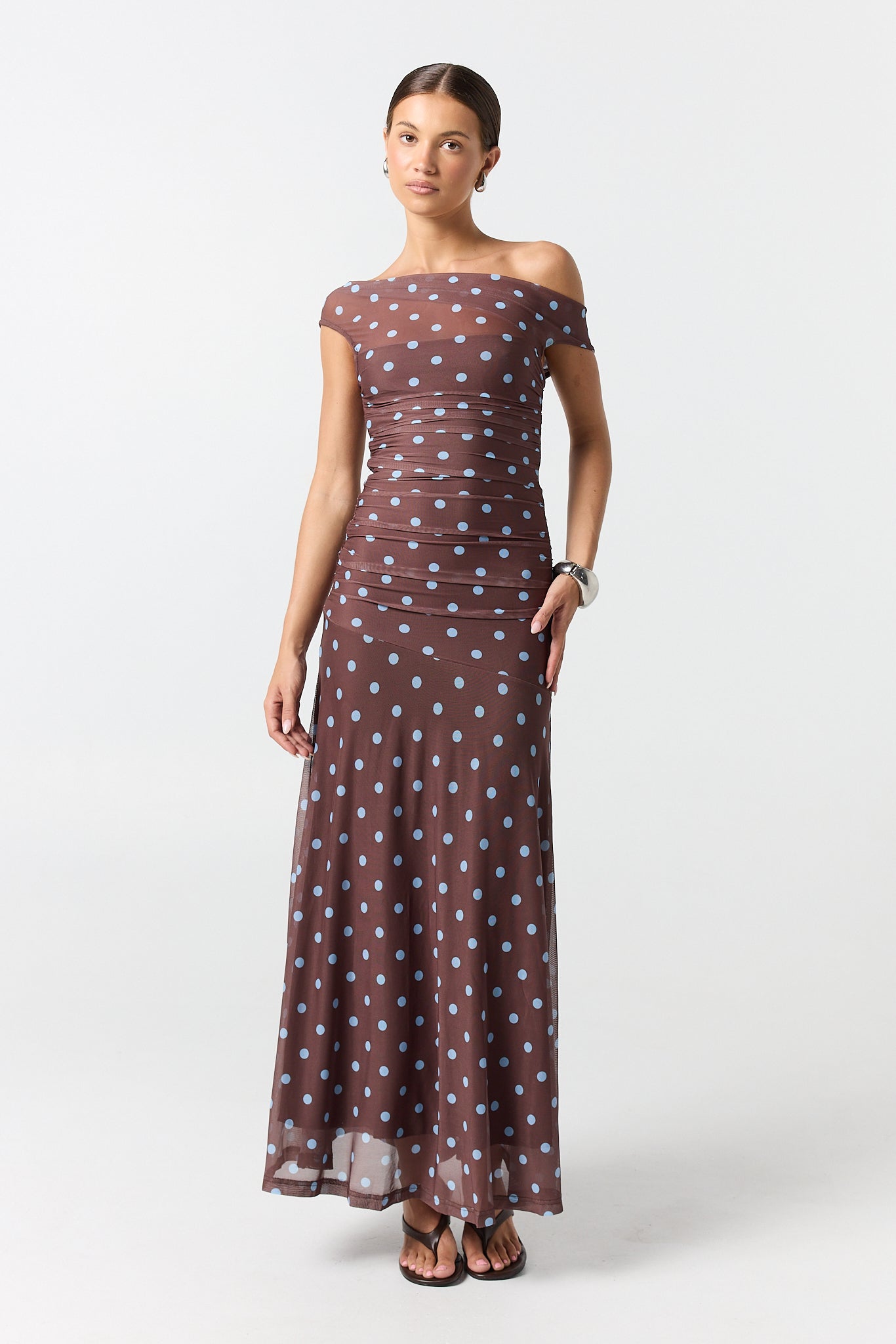 Leila Maxi Dress (Chocolate/Blue Polka)