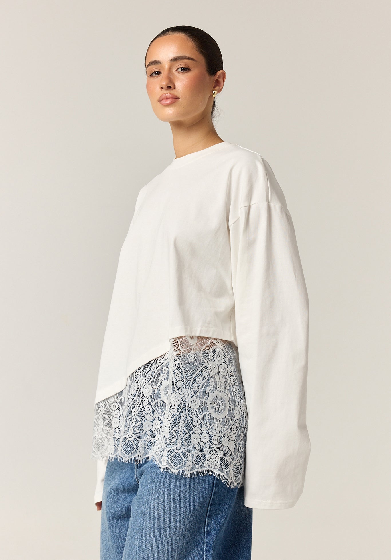 Cleo Lace Long Sleeve Tee (White)