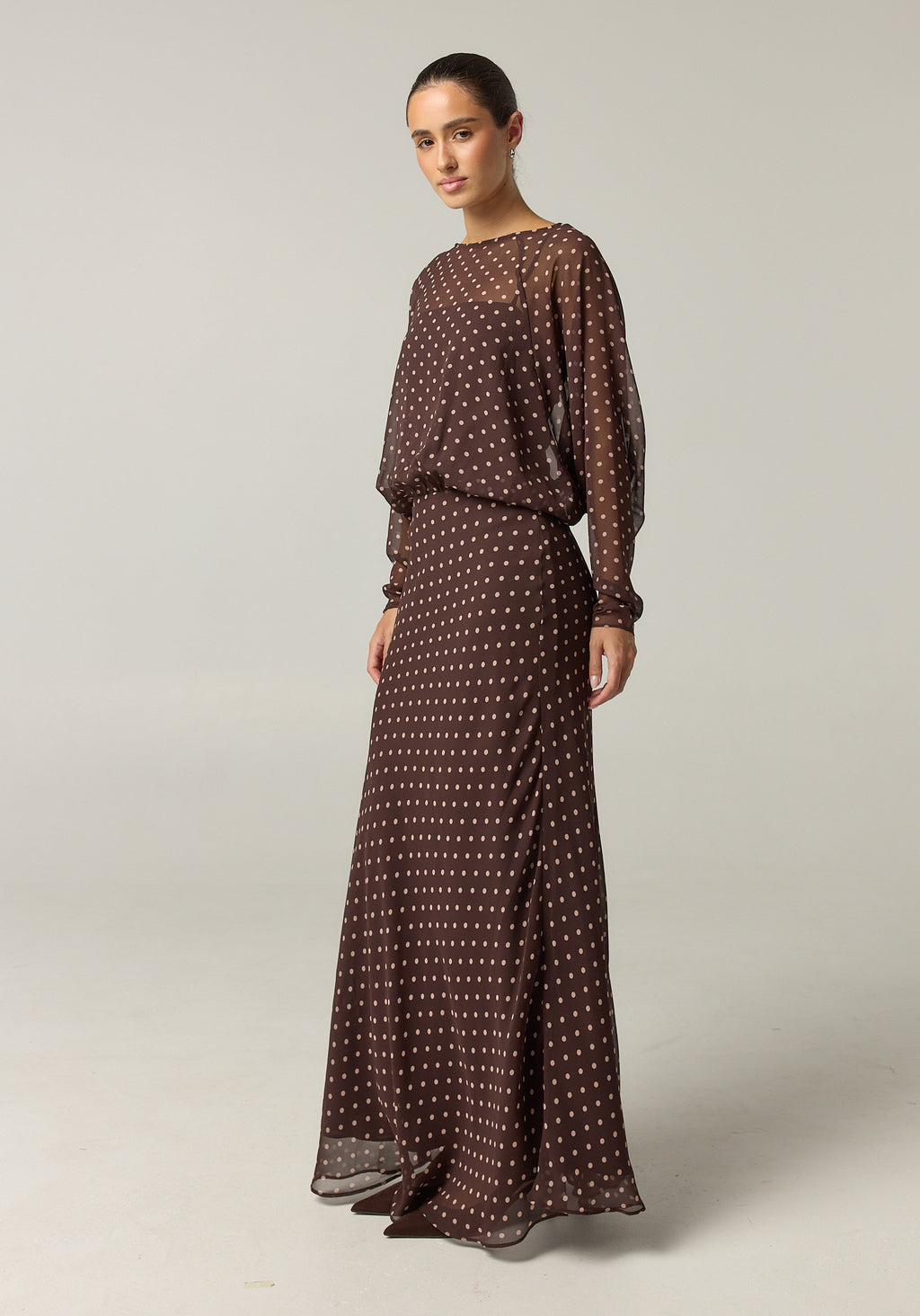 Junie Maxi Dress (Choc Micro Polka)