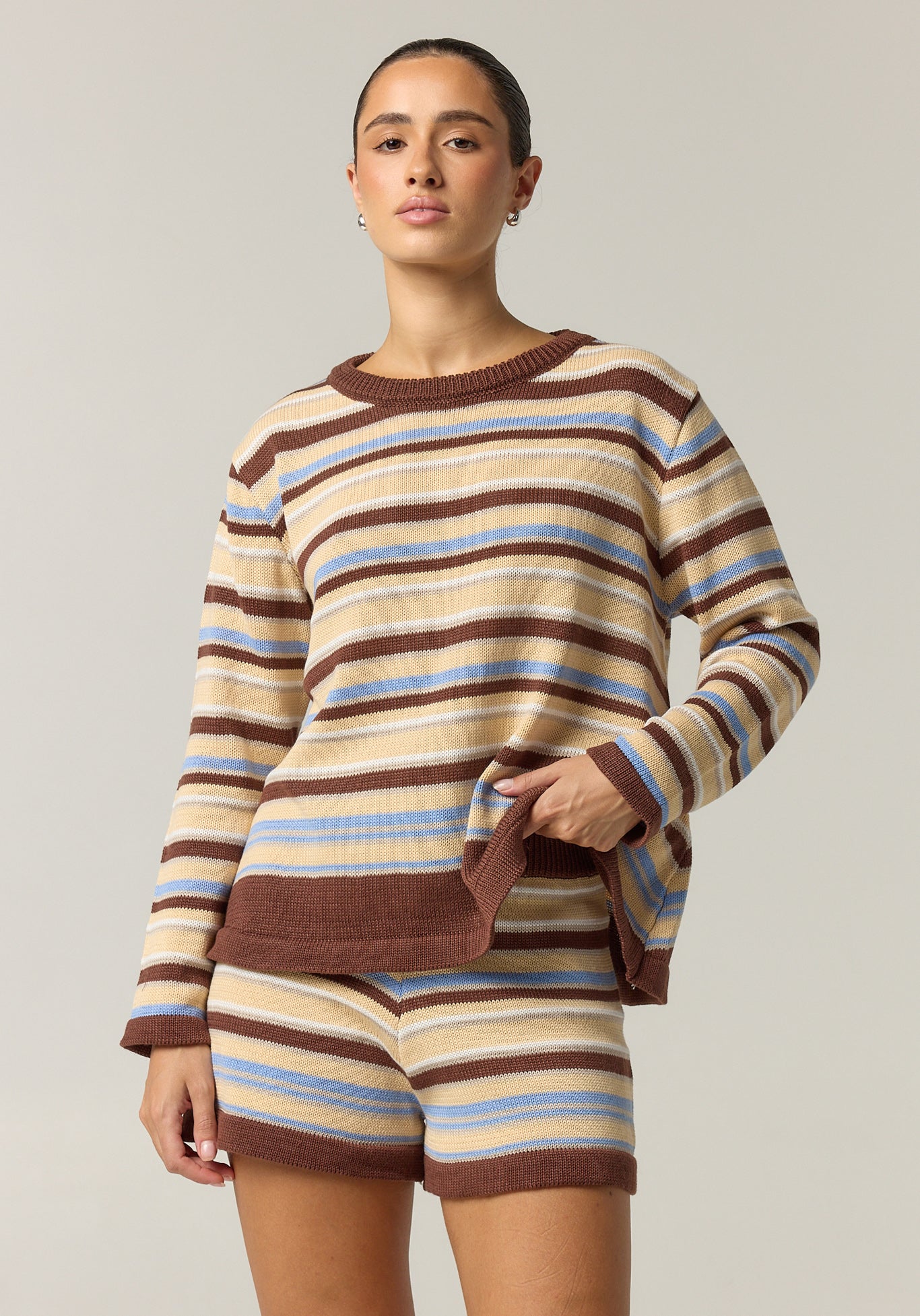 Esme Knit Set (Choc/Beige/Blue Stripe)