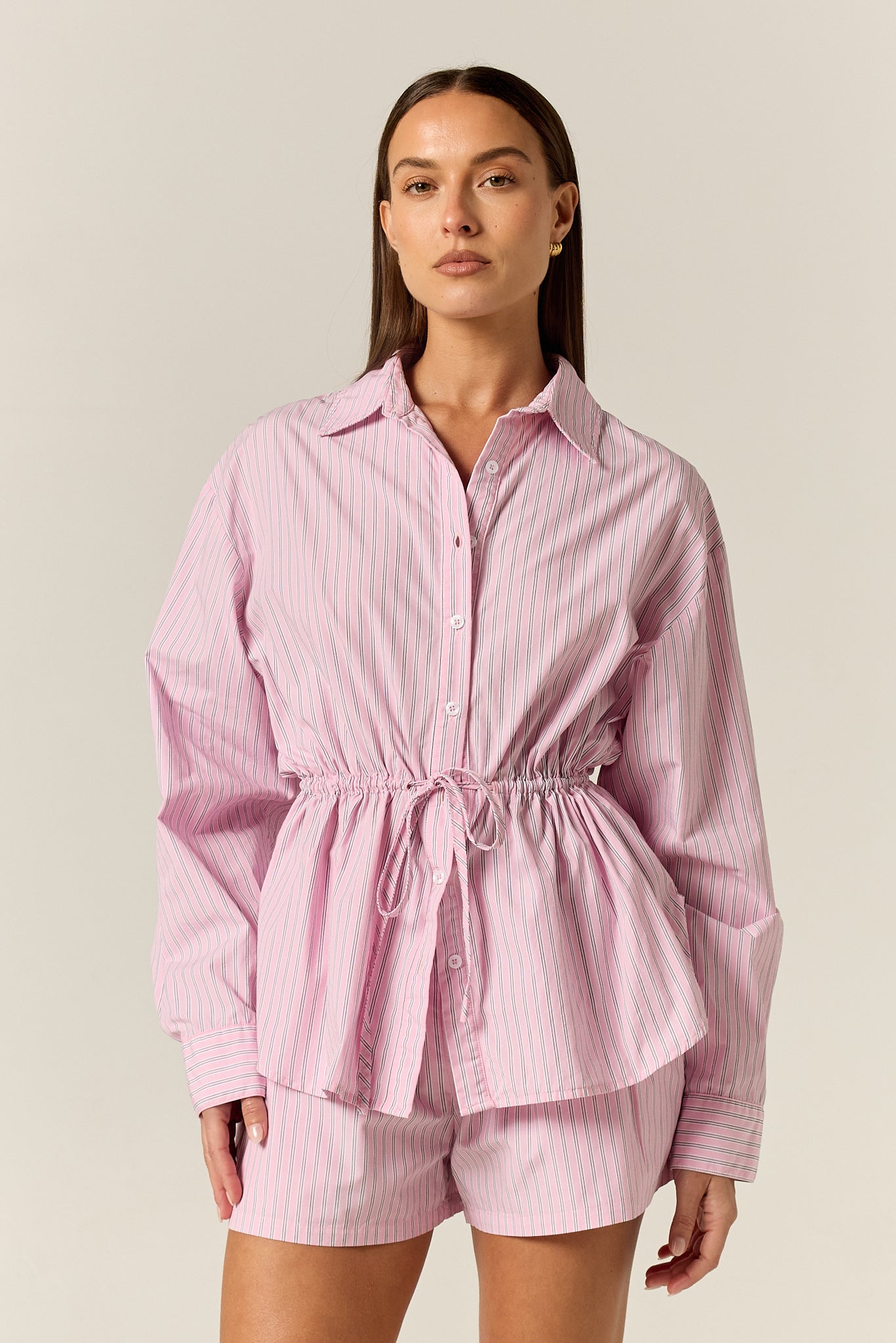 Sarah Cinched Shirt (Pink Pinstripe)
