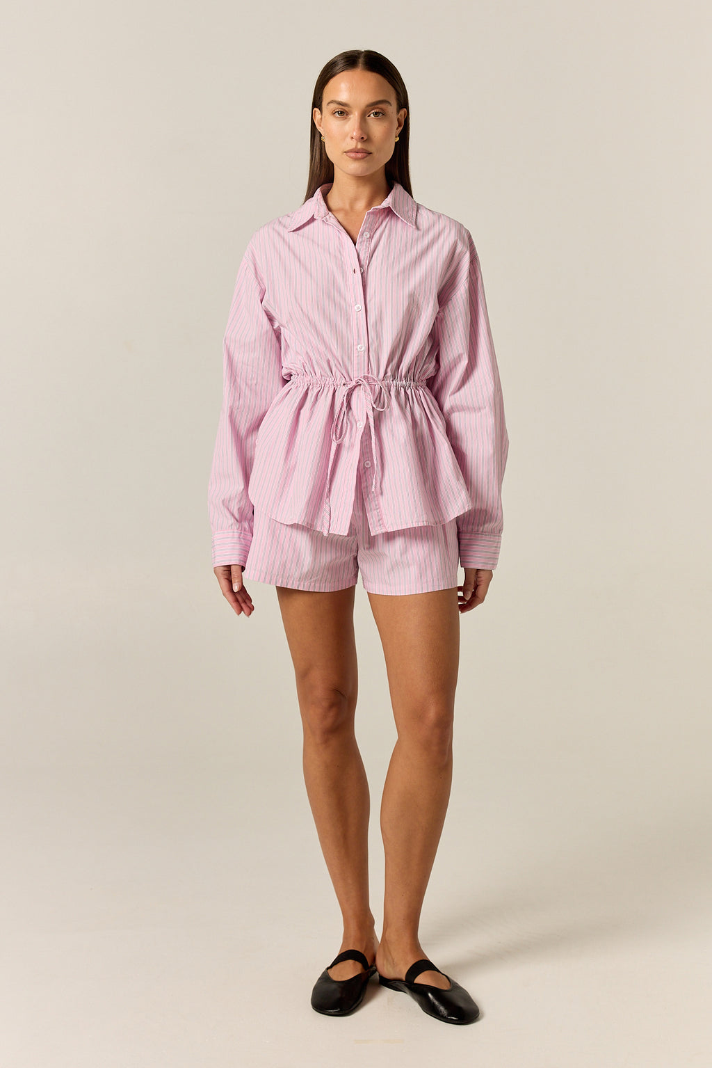 Sarah Cinched Shirt (Pink Pinstripe)