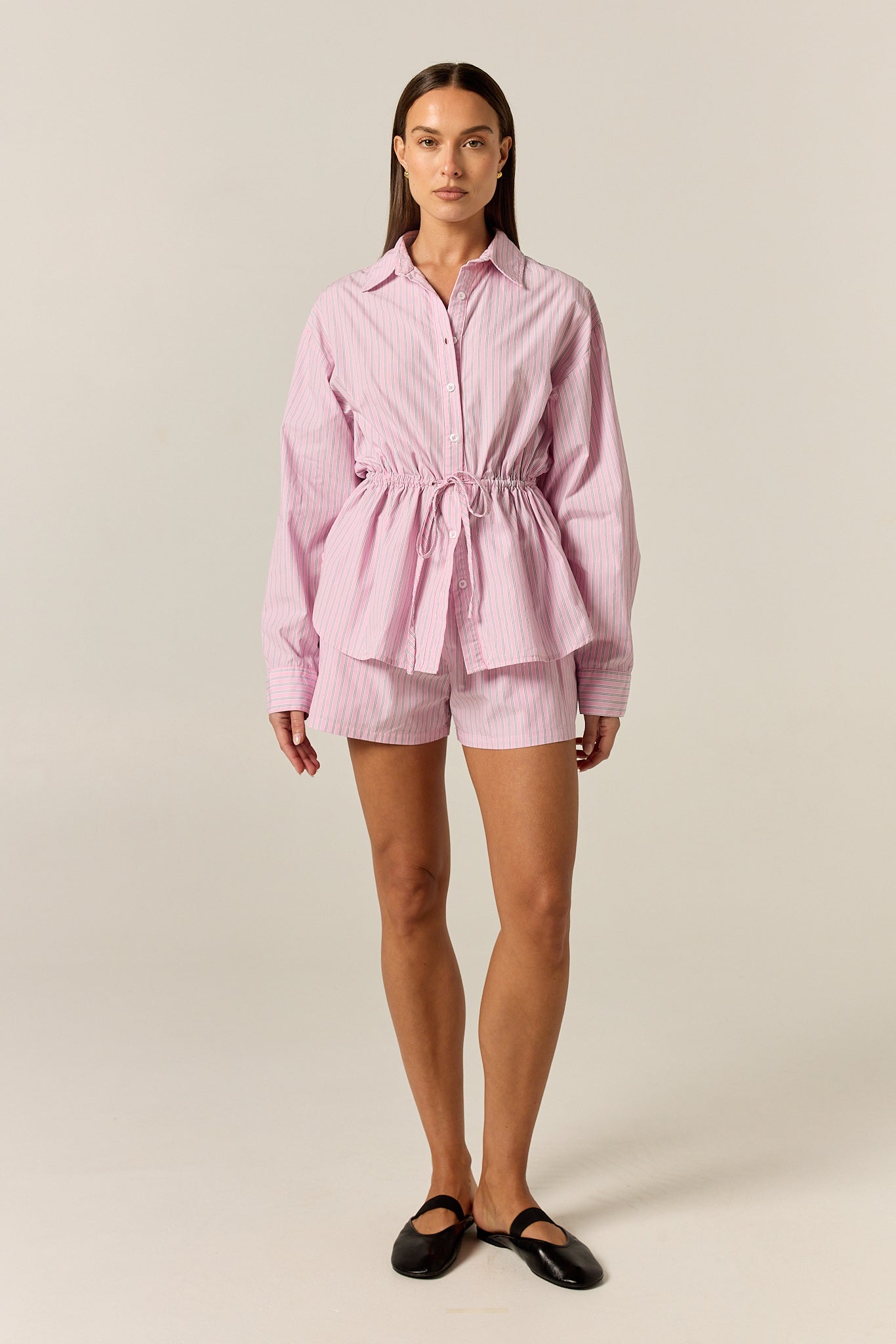 Sarah Cinched Shirt (Pink Pinstripe)