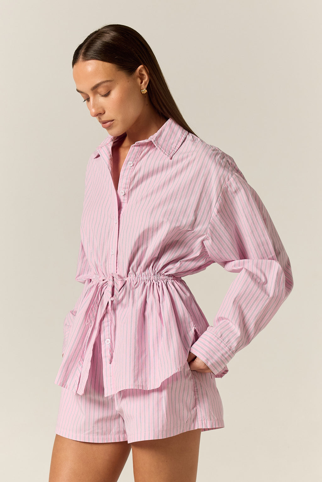 Sarah Cinched Shirt (Pink Pinstripe)