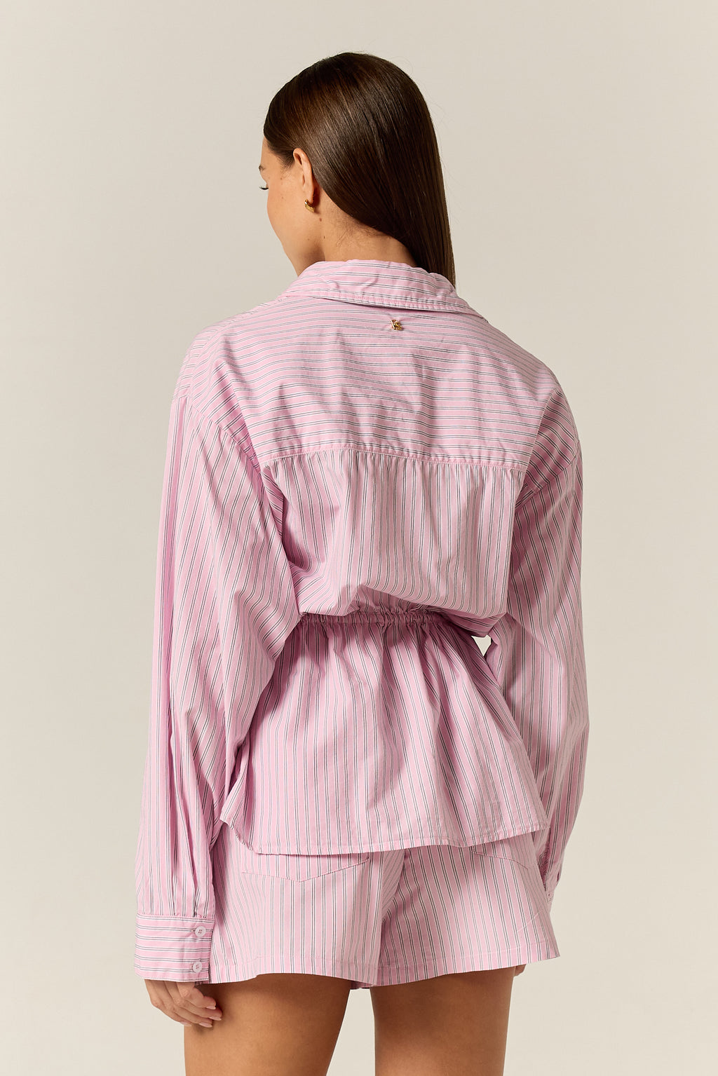 Sarah Cinched Shirt (Pink Pinstripe)