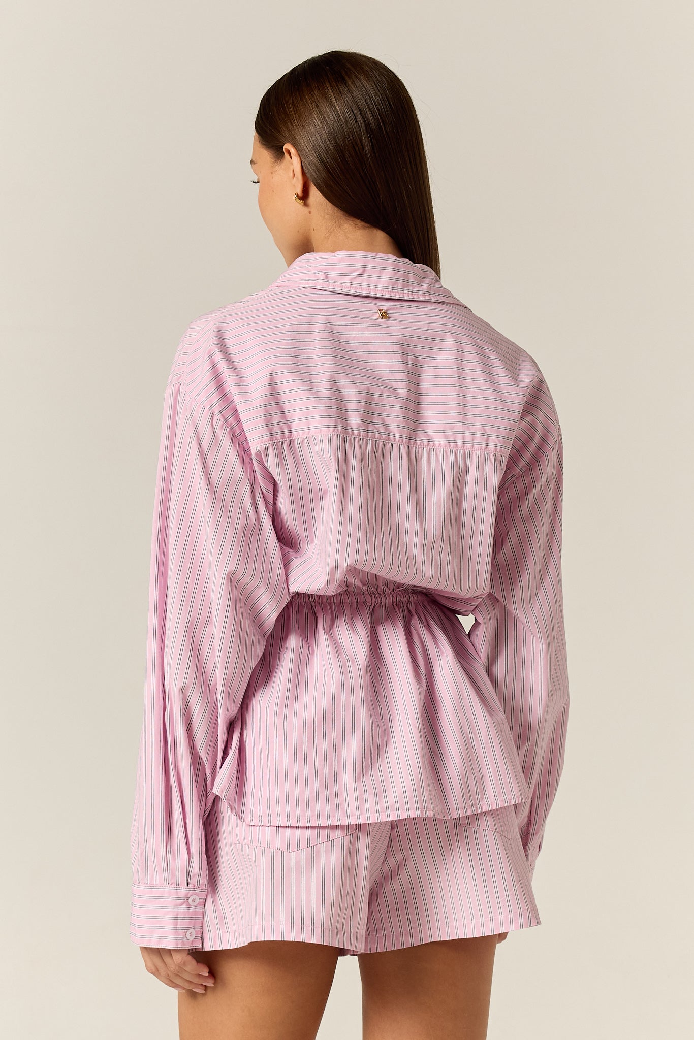 Sarah Cinched Shirt (Pink Pinstripe)