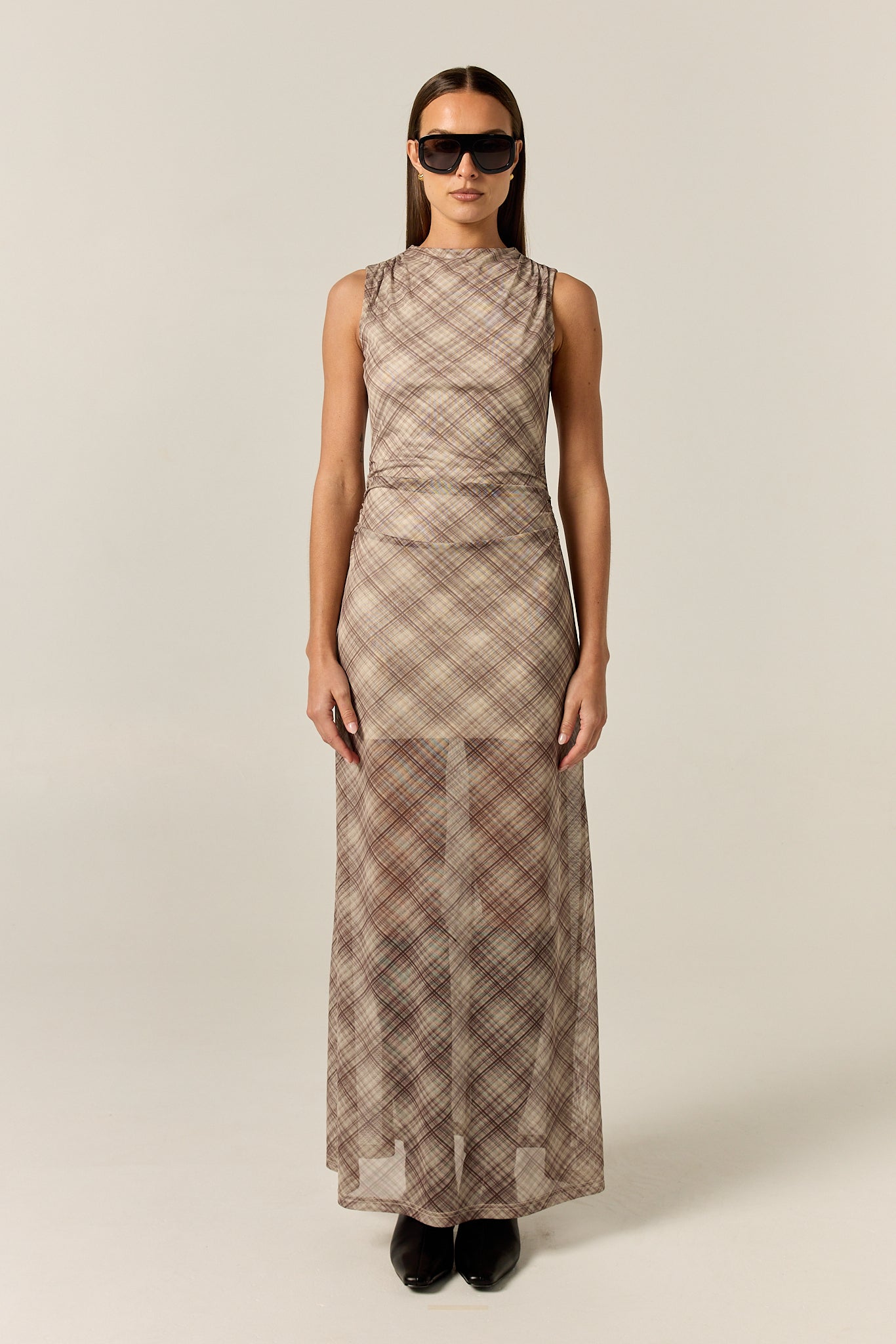 Isla Maxi Dress (Taupe Plaid)
