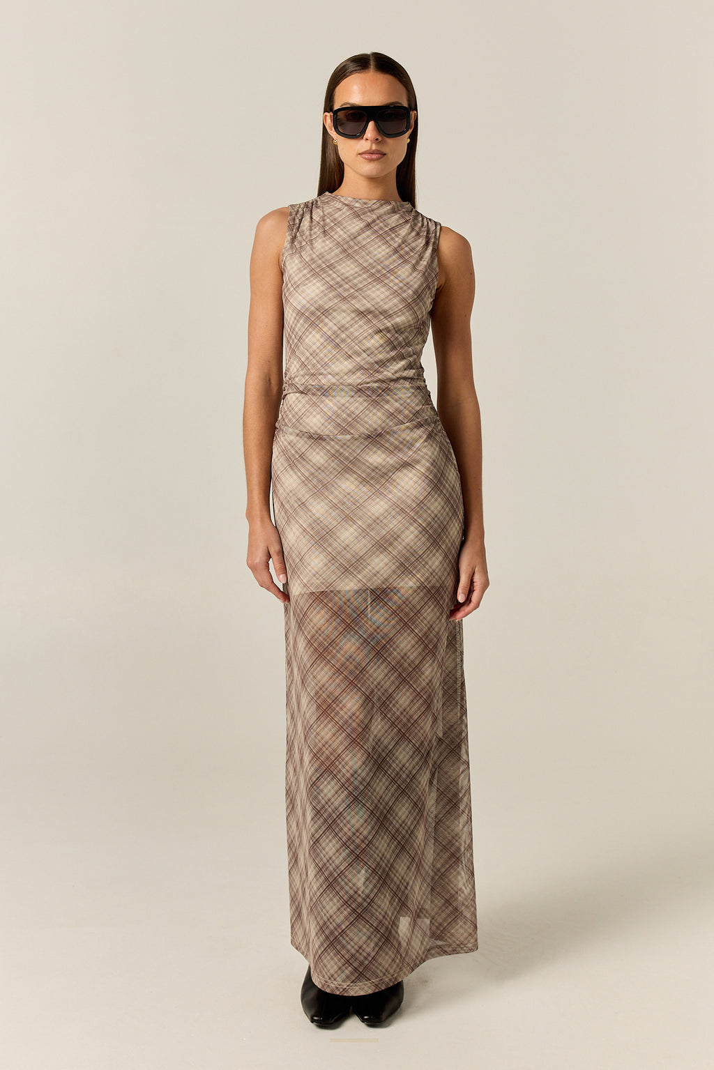 Isla Maxi Dress (Taupe Plaid)