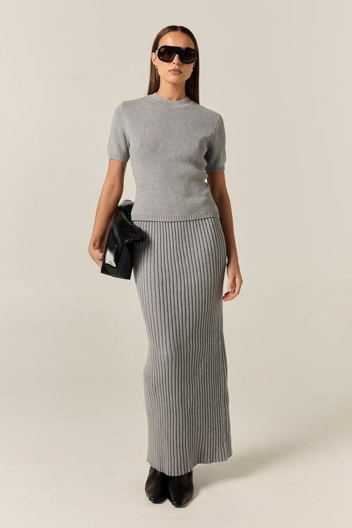 Jordy Ribbed Knit Midi Skirt (Grey)