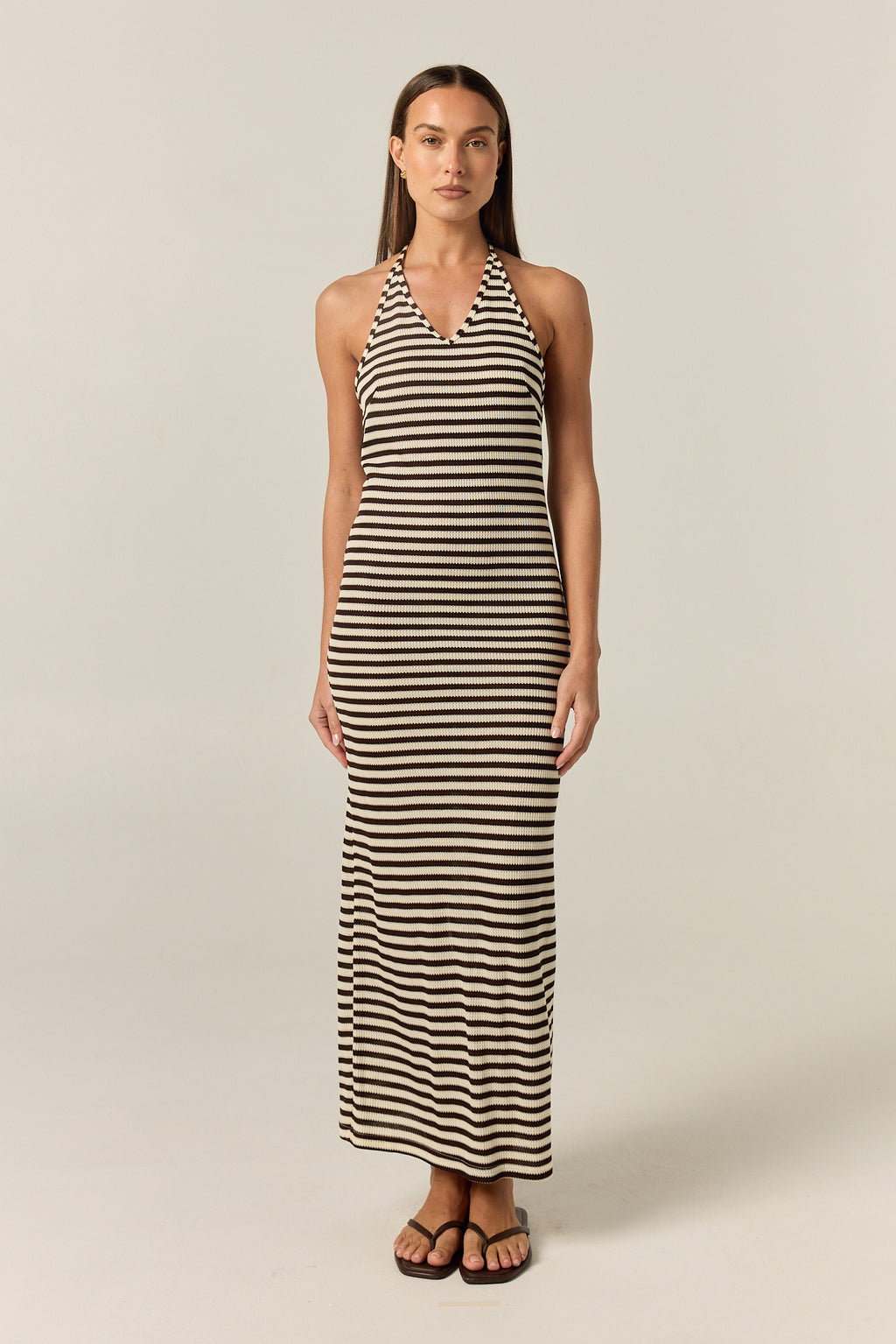 Luca Knit Midi Dress (Choc/Beige Stripe)
