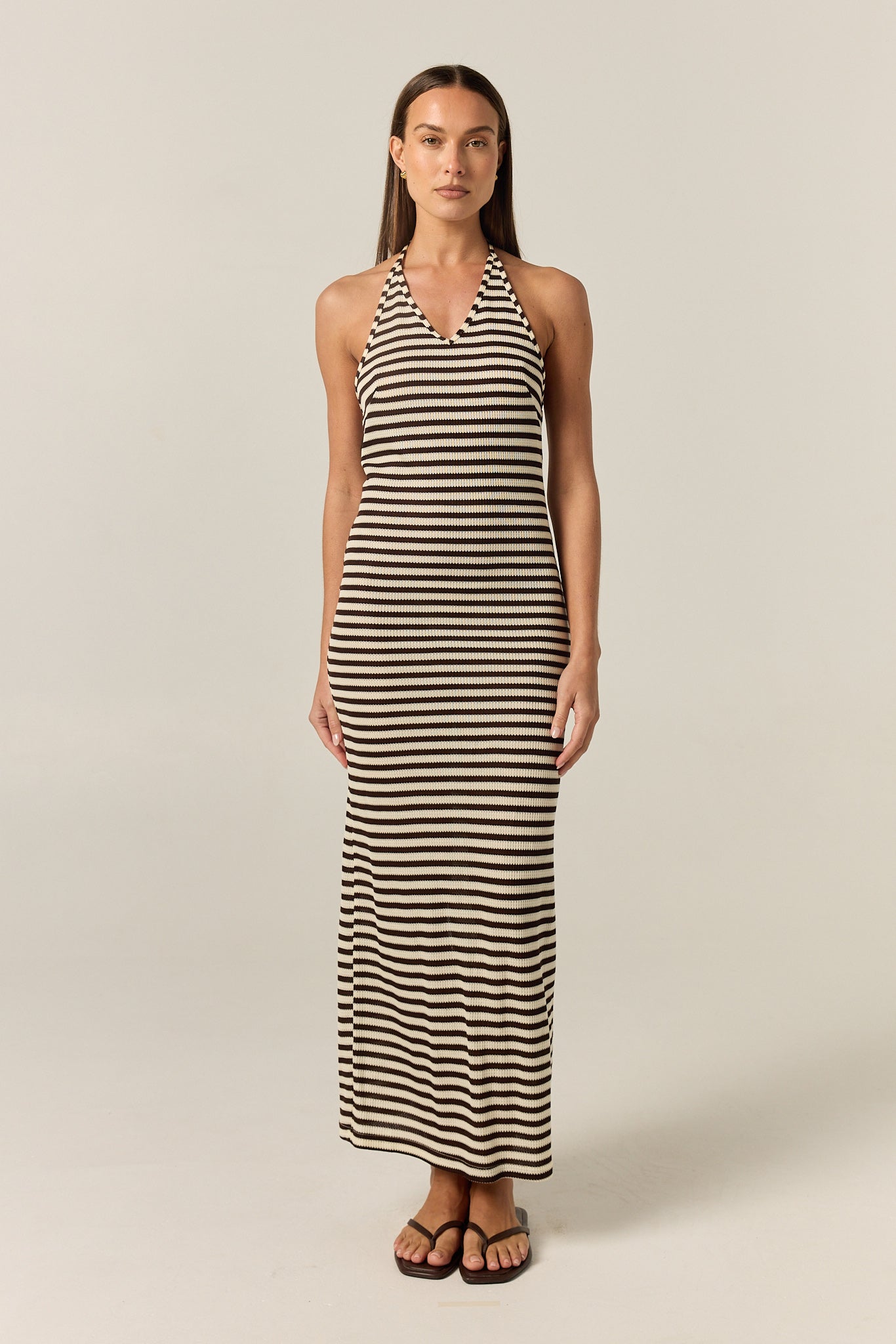 Luca Knit Midi Dress (Choc/Beige Stripe)